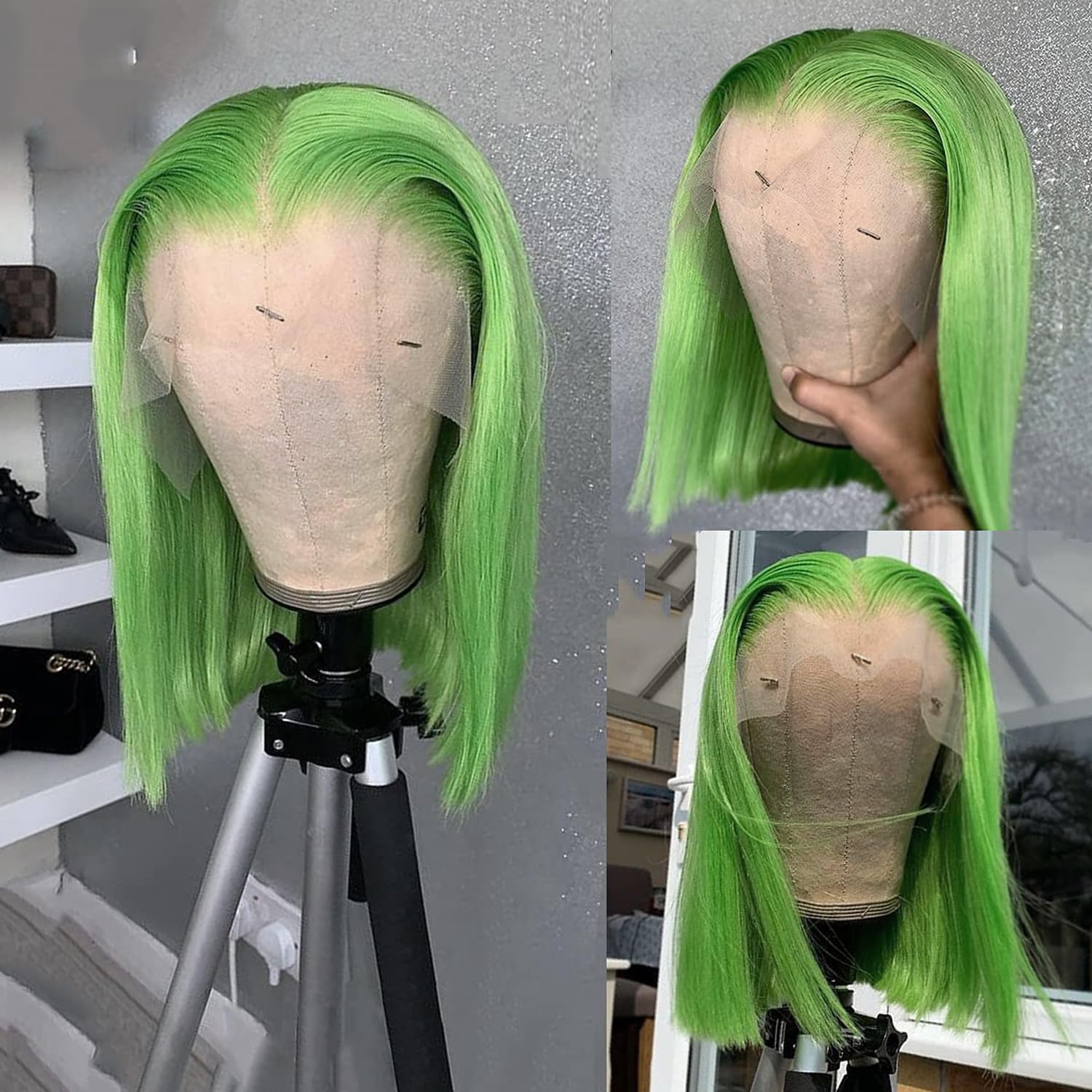 Lace Frontal Wig Glueless Brazilian Virgin Hair Straight Short Silky Bob Wigs 12'' 180% Density Middle Part With Baby Hair Color