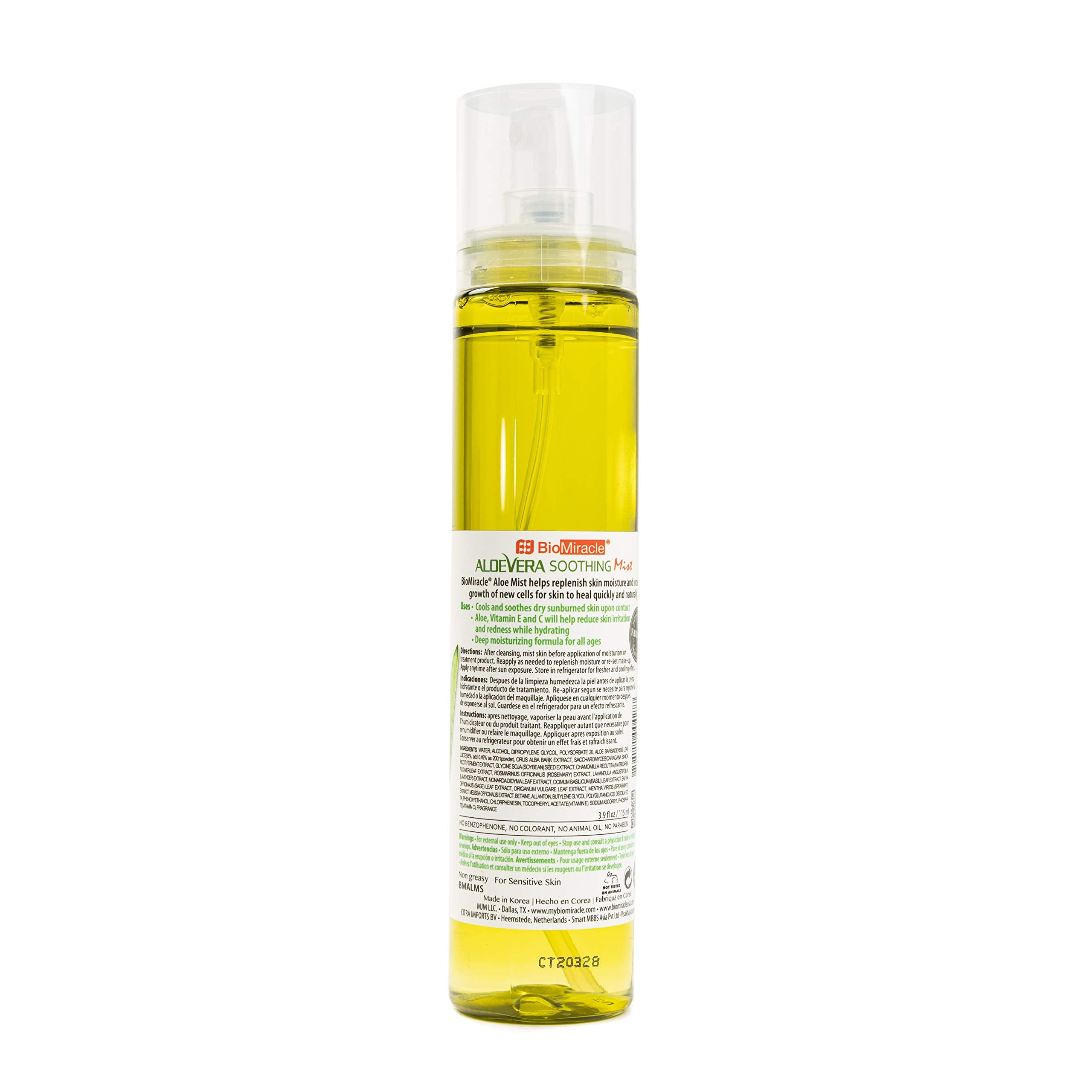 Biomiracle Aloe Vera Soothing Mist With 9 Natural Plant Extracts For Deep Hyration - 1 Spray Bottle, 3.9 Fl Oz