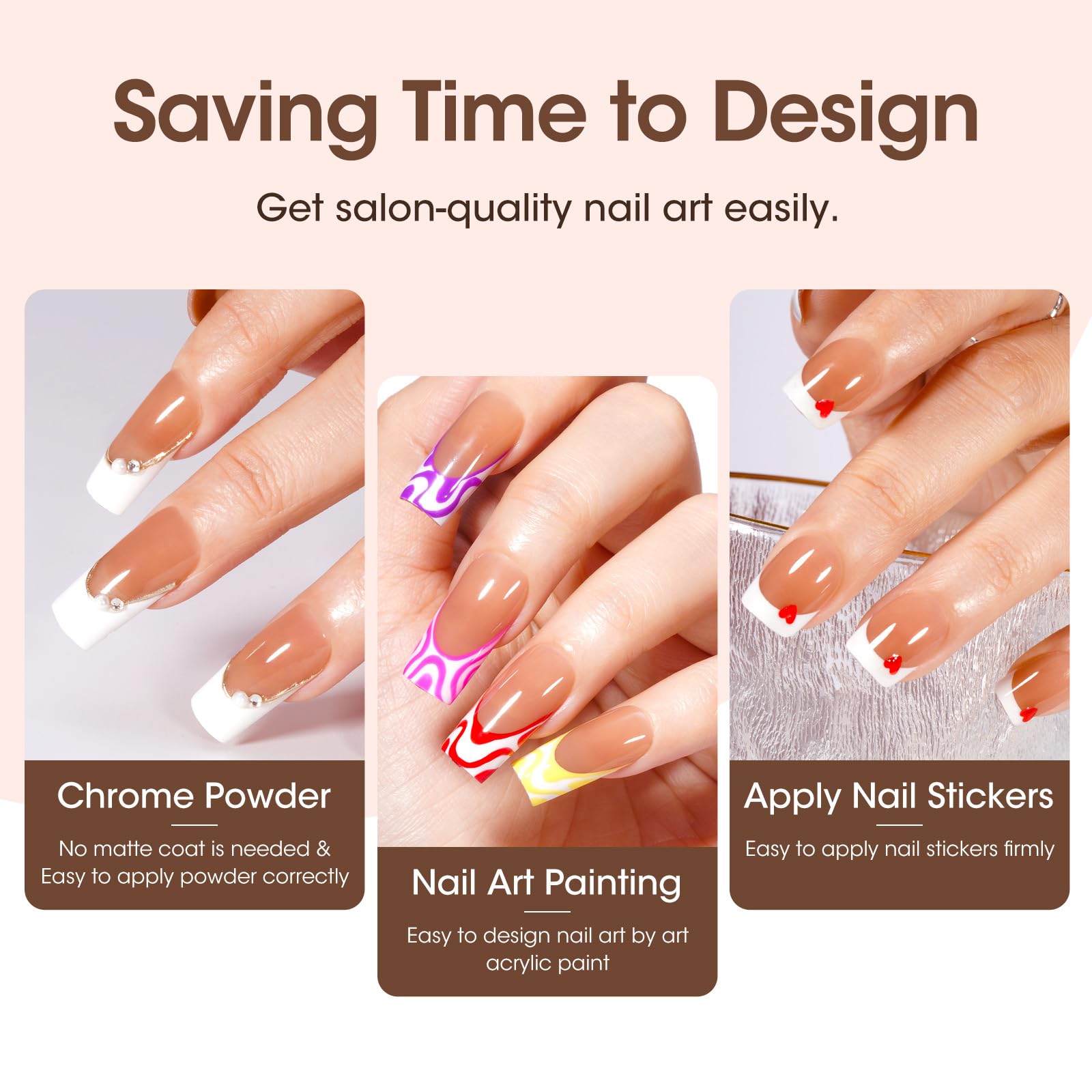 Gellen French Soft Gel Nail Tips - 150 Pcs White French Tip Short Press On Nails Brown Square Shape, 3 In 1 Pre-French Gel Nail