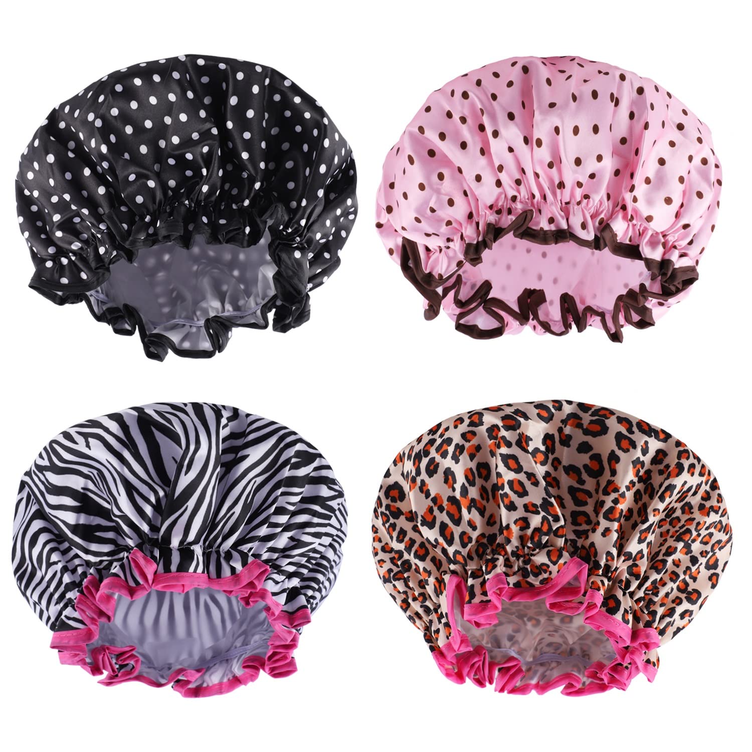 4 Pcs Shower Cap For Women, Shower Cap Reusable Waterproof Double Layers Shower Hat Bath Caps For Short And Medium Hair
