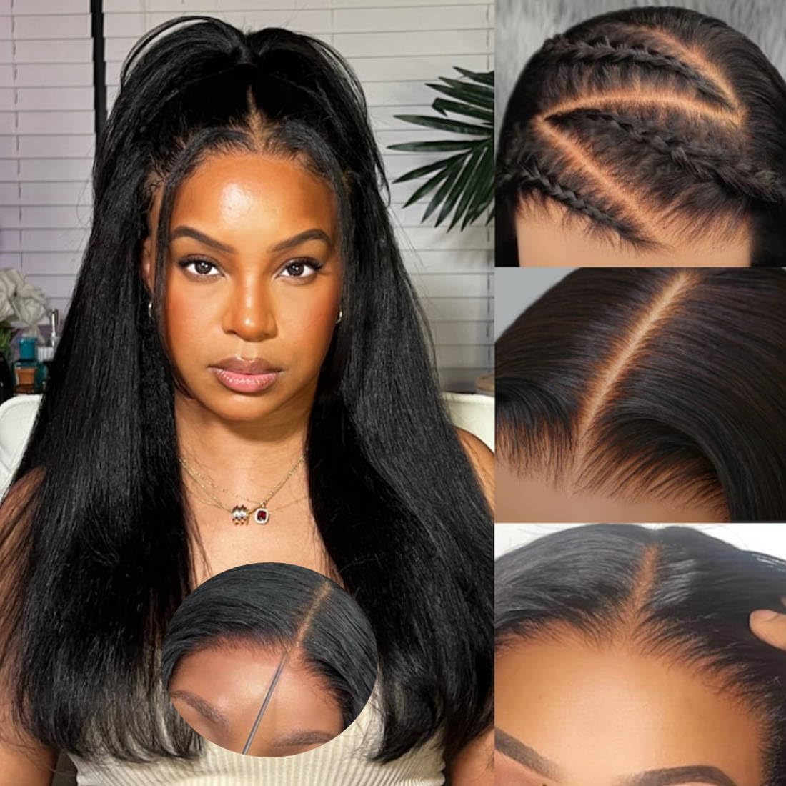 Beauty Forever Bye Bye Knots Put On And Go Glueless Yaki Straight Wig 7X5 Pre-Cut Lace Closure Wig,Easy To Wear Kinky Human Hair