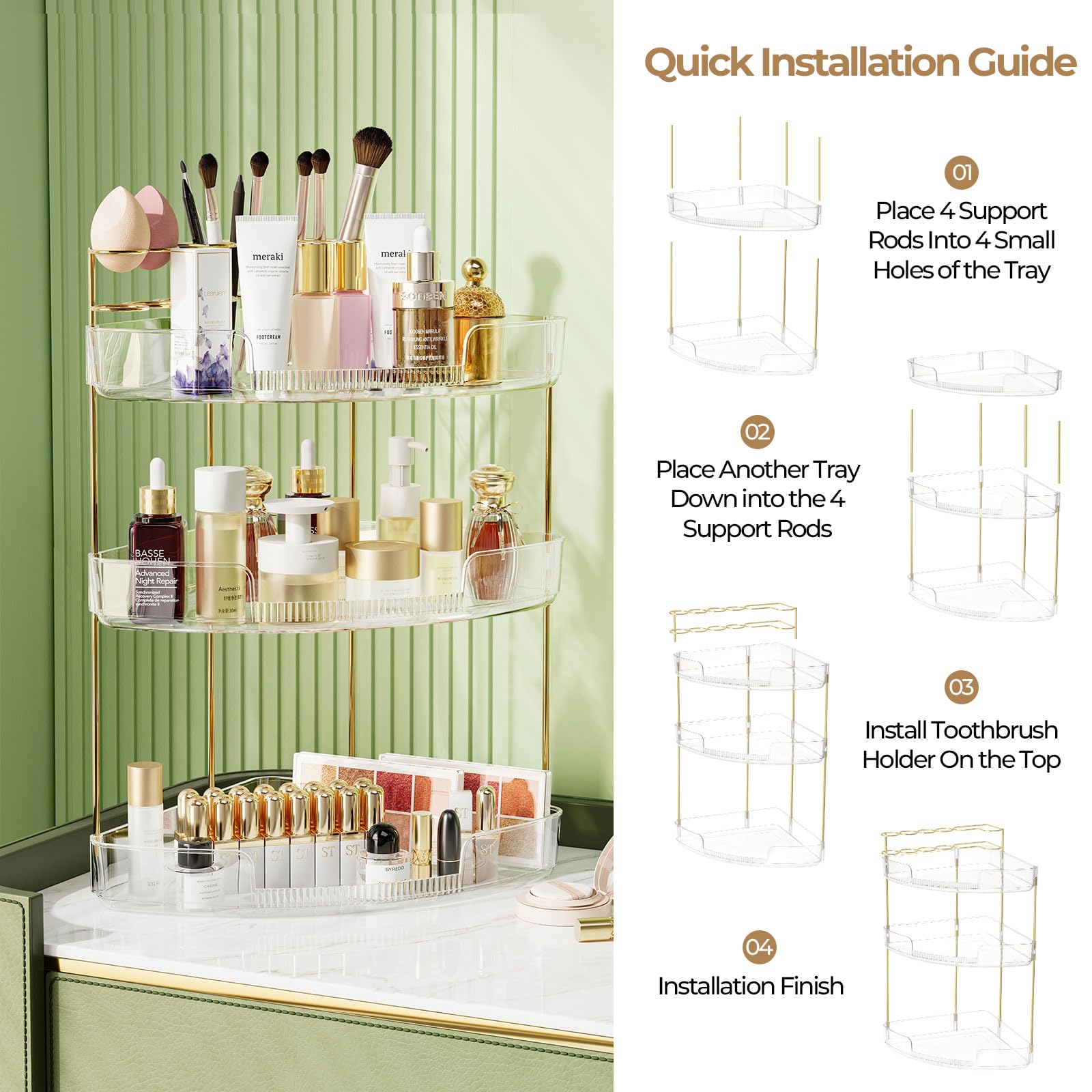 FELIZHOUSE 3-Tier Makeup Organizer for Vanity & Bathroom Countertop - Acrylic Storage Shelf with Perfume Tray & Makeup Brush Hol
