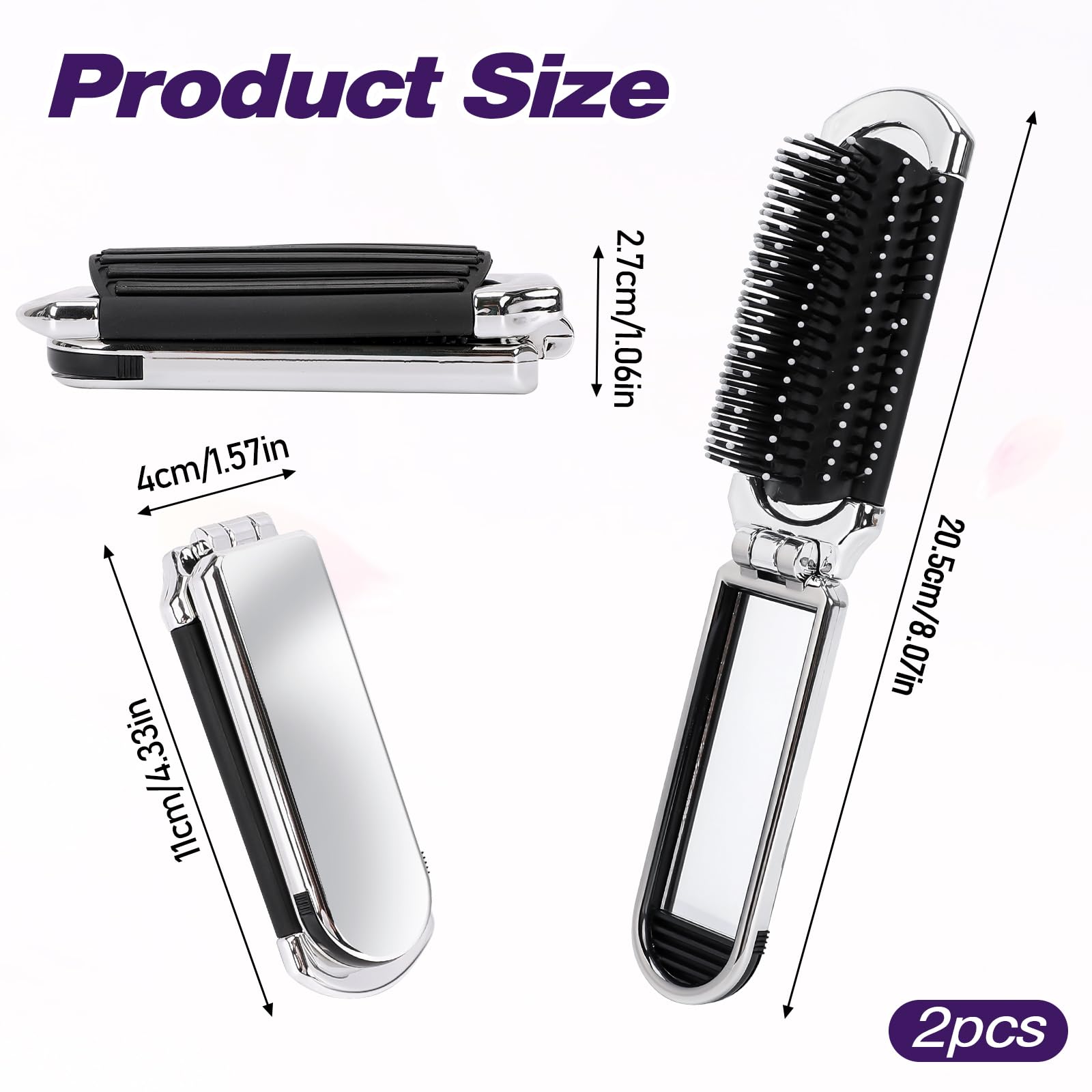 2 Pack Folding Travel Hair Brush For Women And Men, Small Portable Hairbrush With Mirror Mini Collapsible Pocket Size Brush Comp