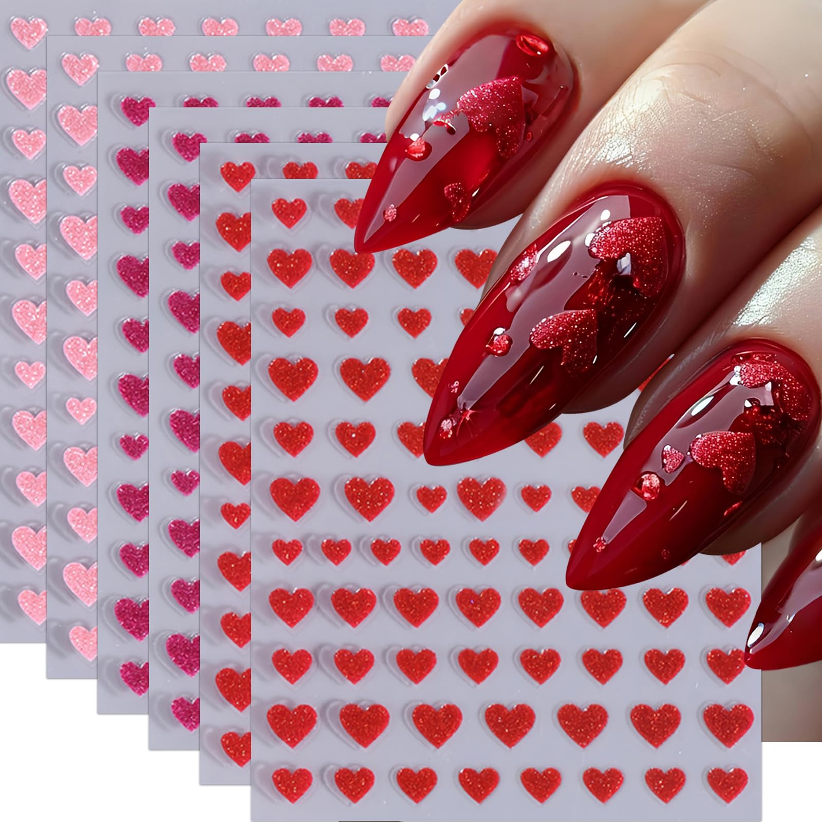 6Sheets Heart Nail Stickers Decals Shiny Love Nail Decals 3D Self Adhesive Colorful Glitter Hearts Nail Supplies Valentines Day 