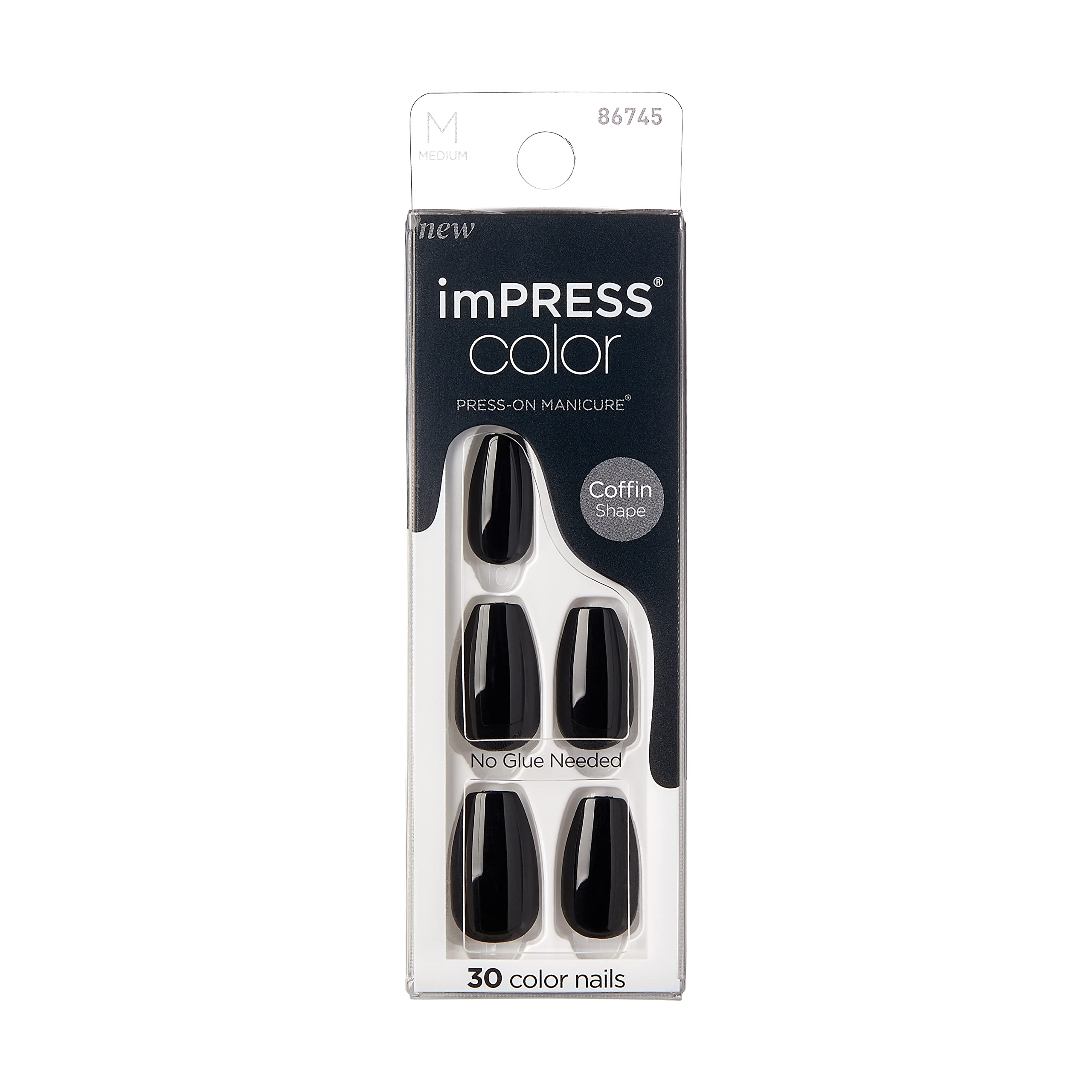 KISS imPRESS No Glue Mani Press On Nails, Color, All Black, Black, Medium Size, Coffin Shape, Includes 30 Nails, prep pad, min