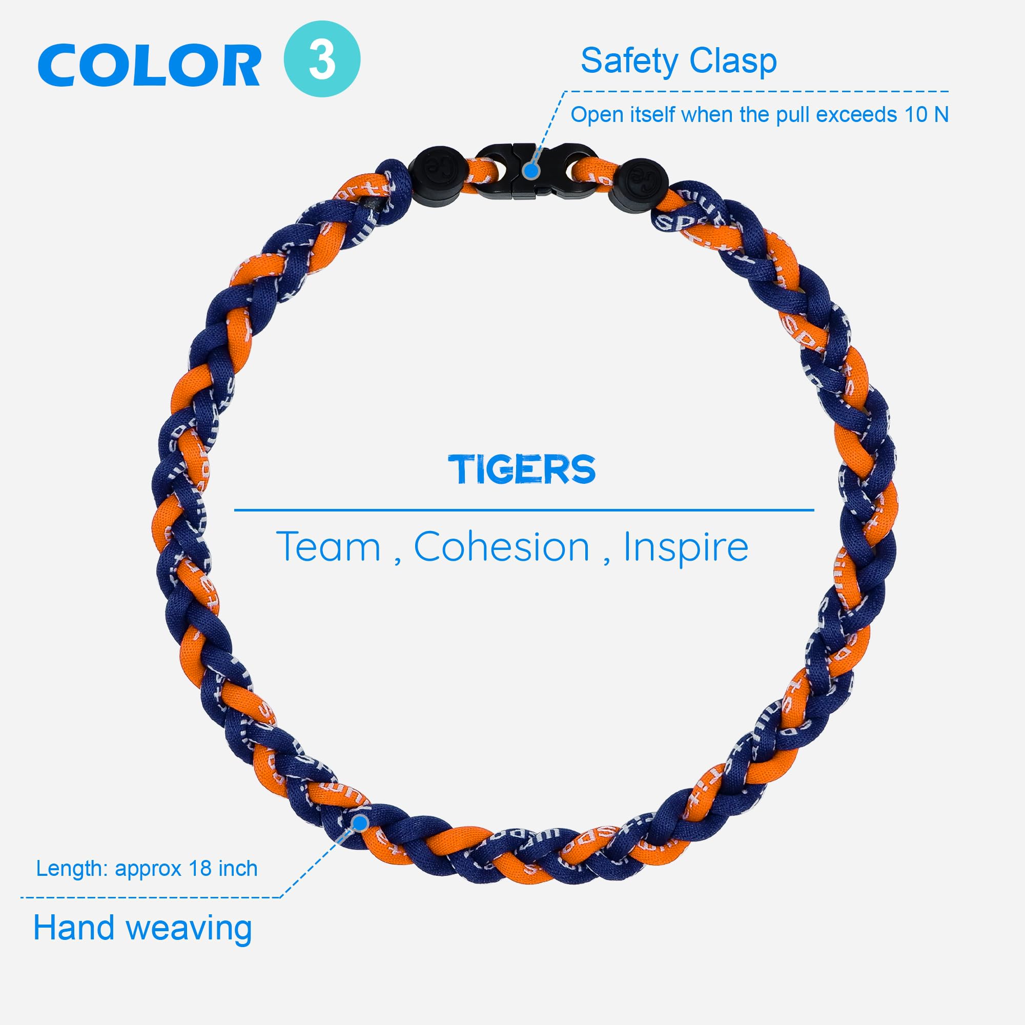 SUPBOMM 3 pcs Baseball Rope Necklaces, League Team Colors Braided Necklace, Baseball Team Gifts, Tigers