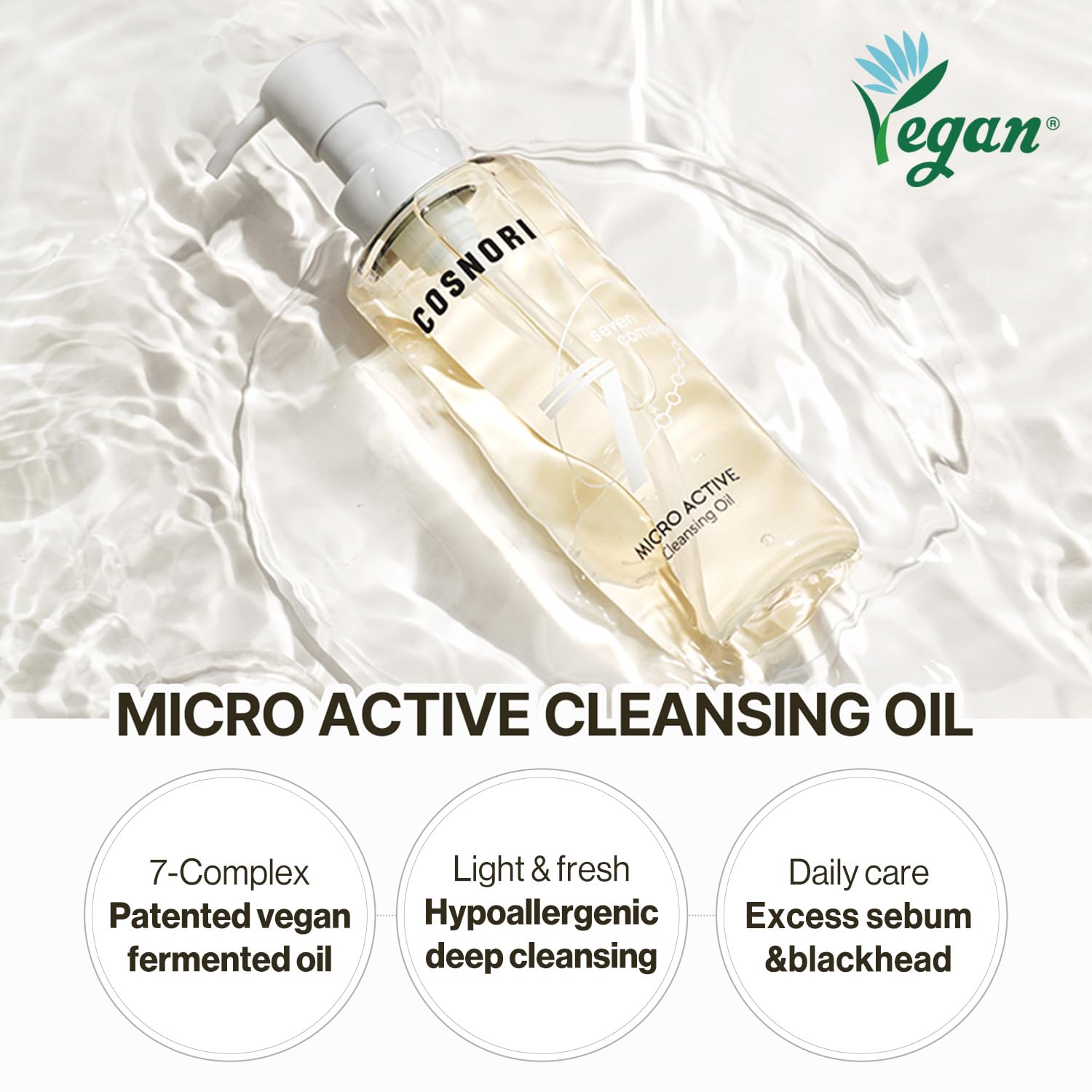 COSNORI Micro Active Cleansing Oil - Korean Vegan Facial Cleansing Oil, Fresh and Light Finish - Gentle Makeup Remover for Face,