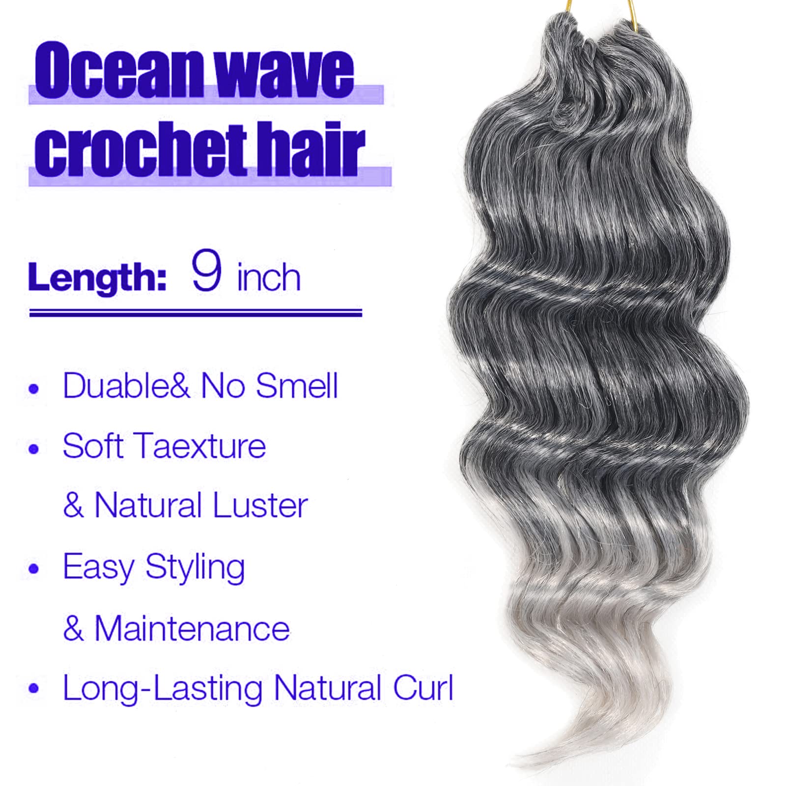 Ocean Wave Crochet Hair Pre Looped 9 Inch Grey Ombre Curly Braiding Ocean Wave Hair 7 Packs Deep Wave Short Wavy Ocean Wave Croc
