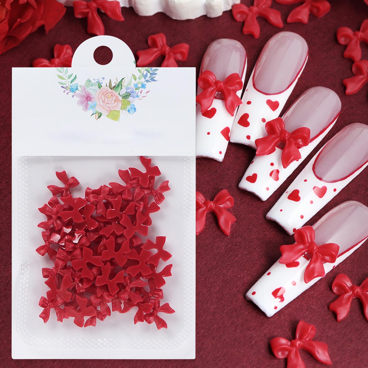 50Pcs Bow Nail Charms Red Bows Charms for Nail Art Design 3D Nail Bow Charms Valentine's Day Dark Red Bow Knot Kawaii Accessorie