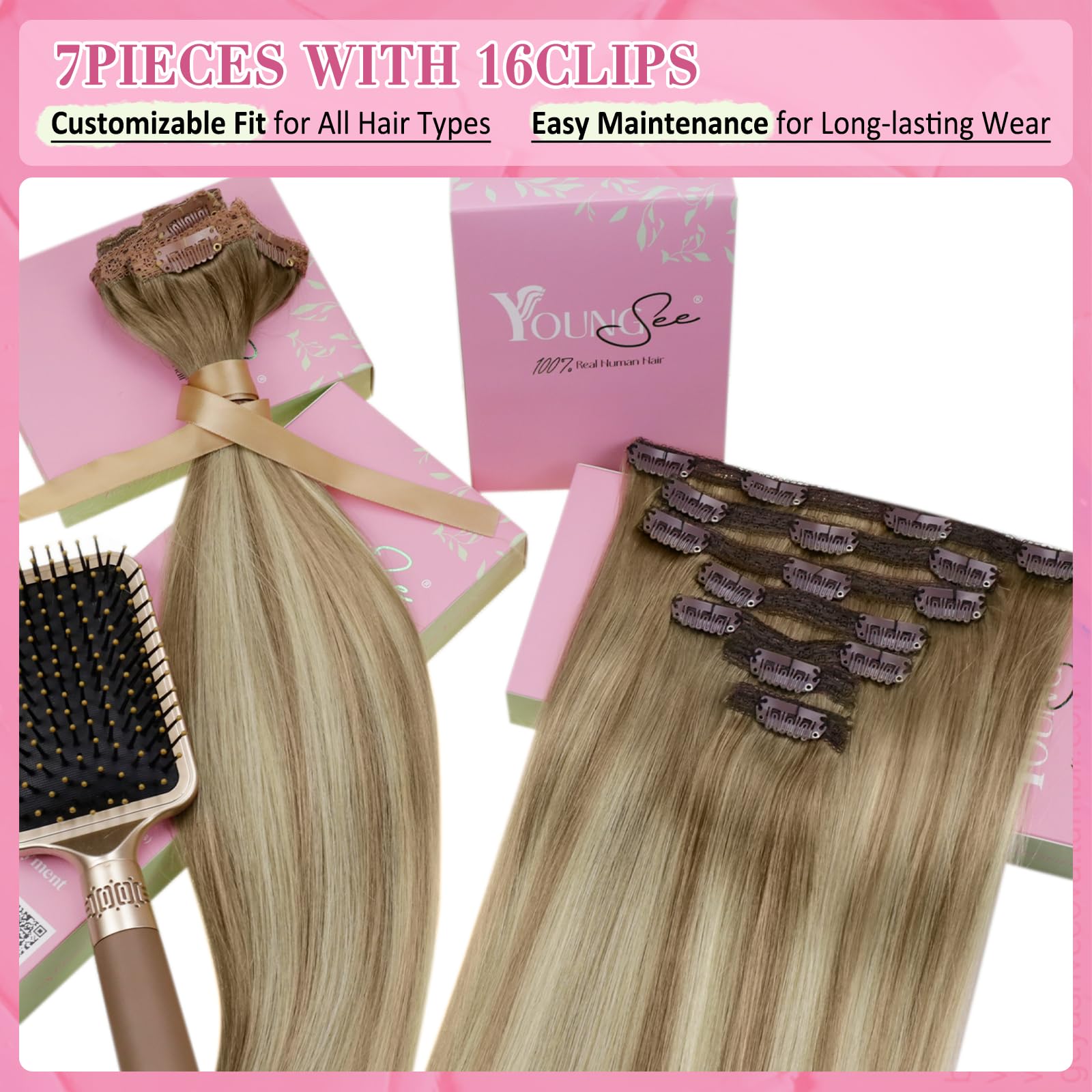 YoungSee 135g Clip in Hair Extensions Real Human Hair Brown Real Human Hair Extensions Clip ins Balayage Light Brown to Blonde w