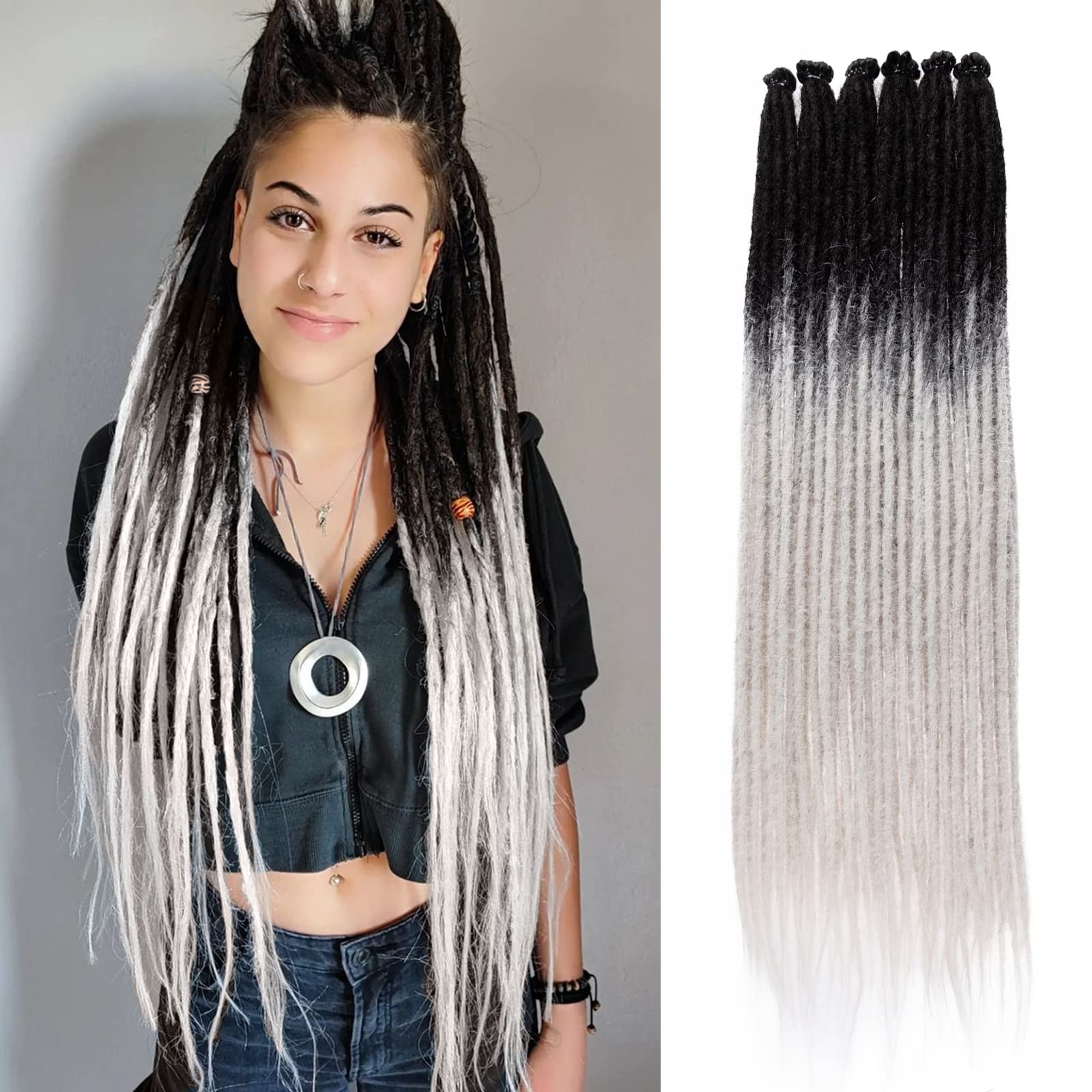 Leeven 0.6 cm Width Handmade Dreadlock Extensions 24 Inch Ombre Grey Single Ended Dreads 20 Strands Synthetic Crochet Hair Soft 