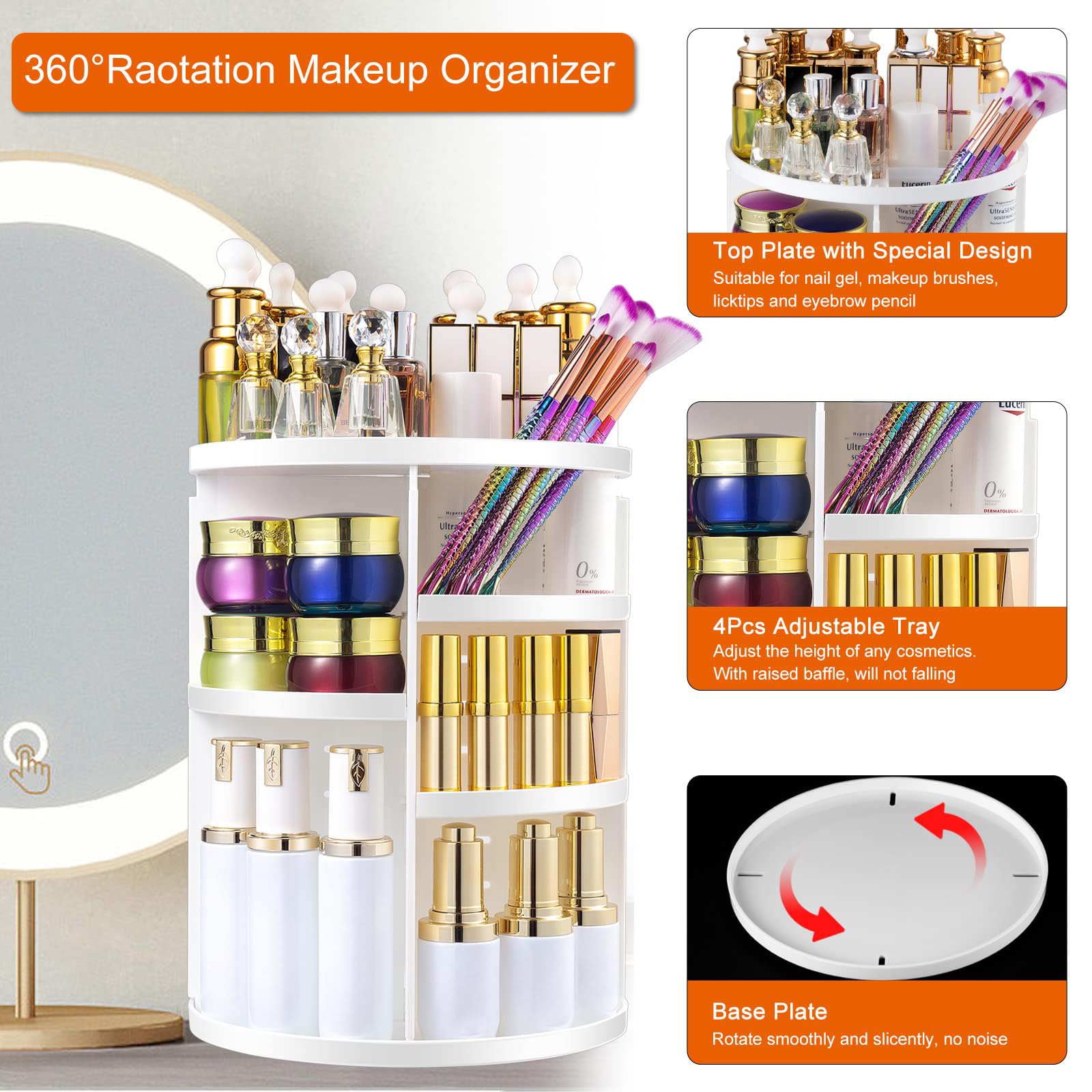 Makeup Organizer, 360 Rotating Cosmetic Organizer,DIY Adjustable Makeup Carousel Spinning Holder Rack, Large Capacity Cosmetic S