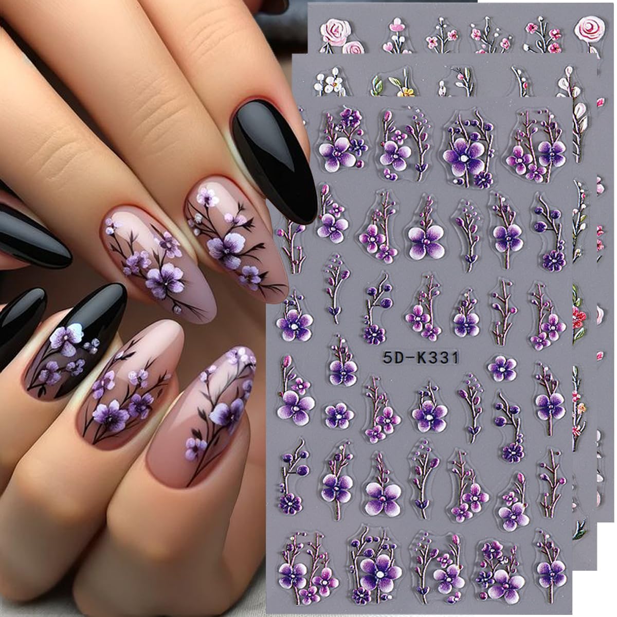 Flower Nail Art Stickers Decals 5D Embossed Flowers Nail Decals 3PCS Purple&Pink Floral Valentines Day Rose Love Heart 3D Self-A