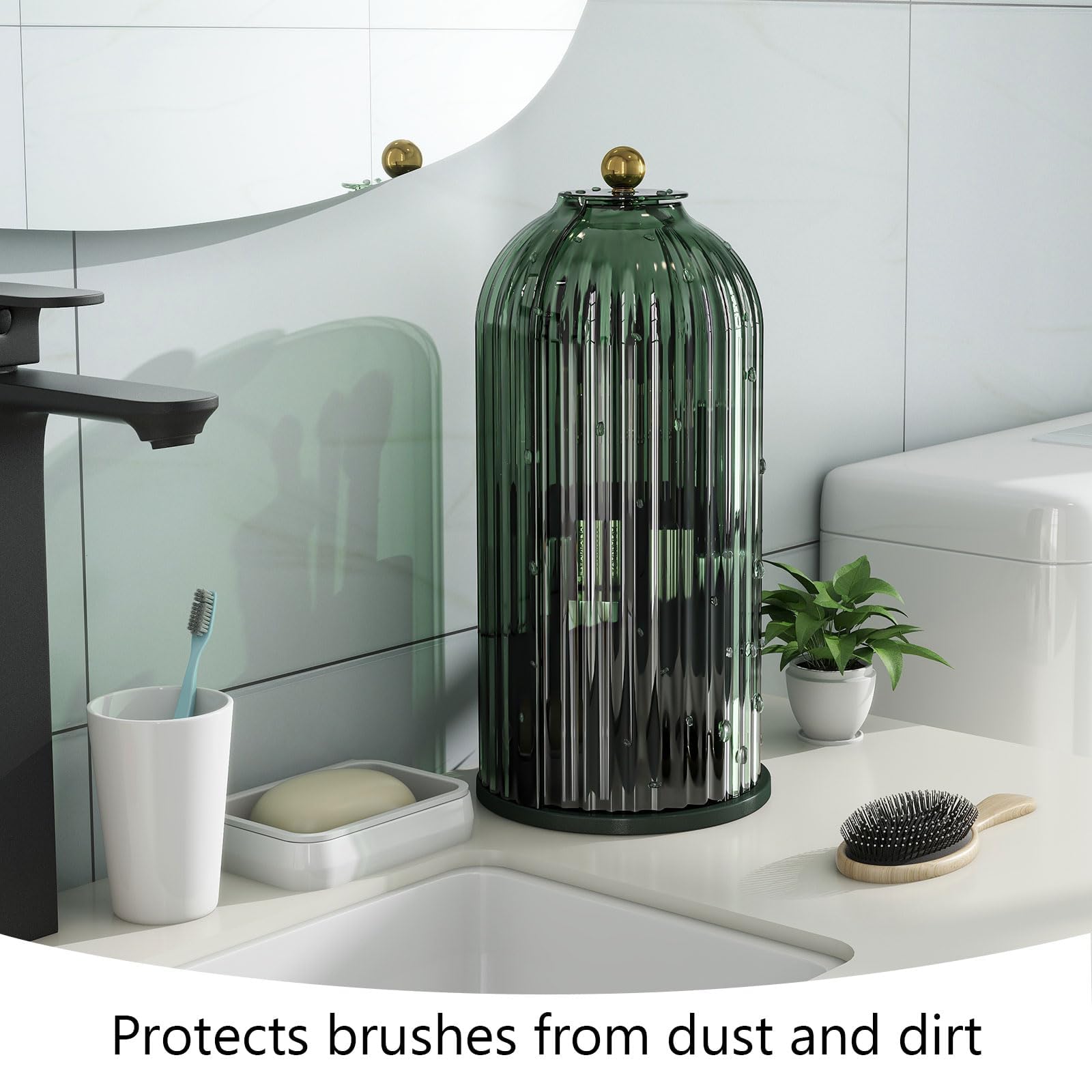 Emljkvp Makeup Brush Holder With Dustproof Cover 360 Rotating Makeup Brush Organizer For Vanity Bathroom, All Green