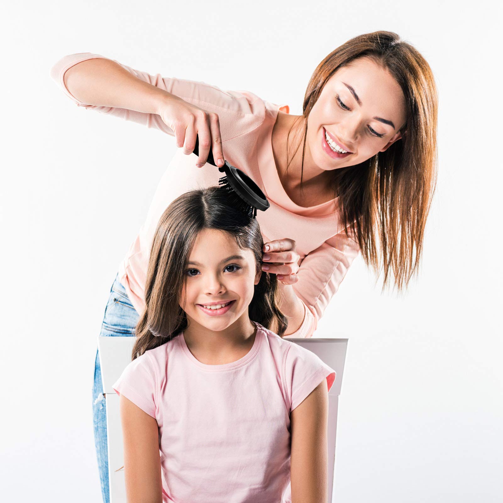 2 Pieces Round Folding Travel Size Hair Brushes, Mini Massage Comb, And Compact Travel Mirror For Women And Girls (Black, Rose R