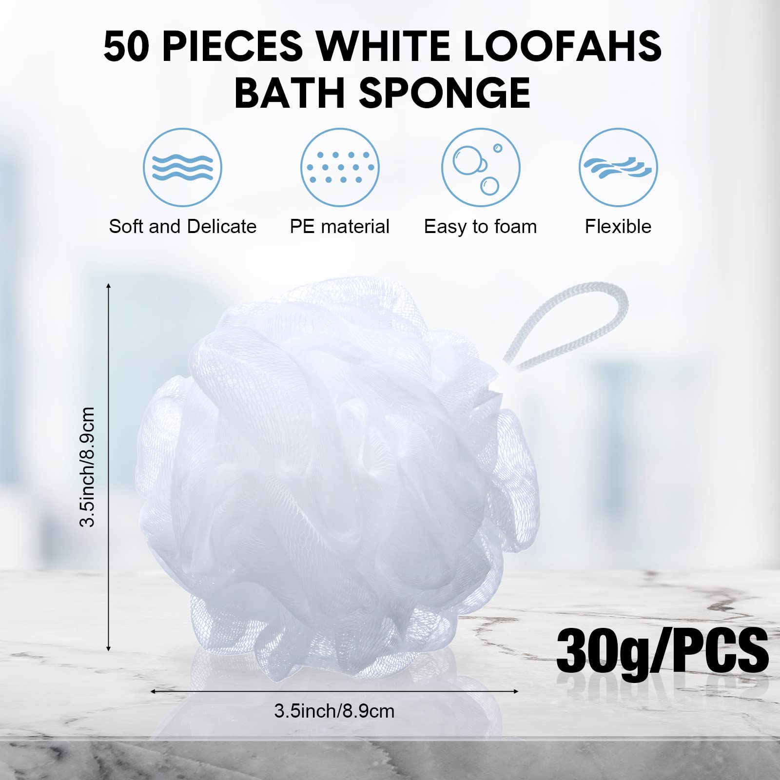 50 Pack Loofah Sponge Bath Sponge Shower Loofah Mesh Shower Ball Bath Pouf Wash Body Puff For Women Men, 30 G (White)