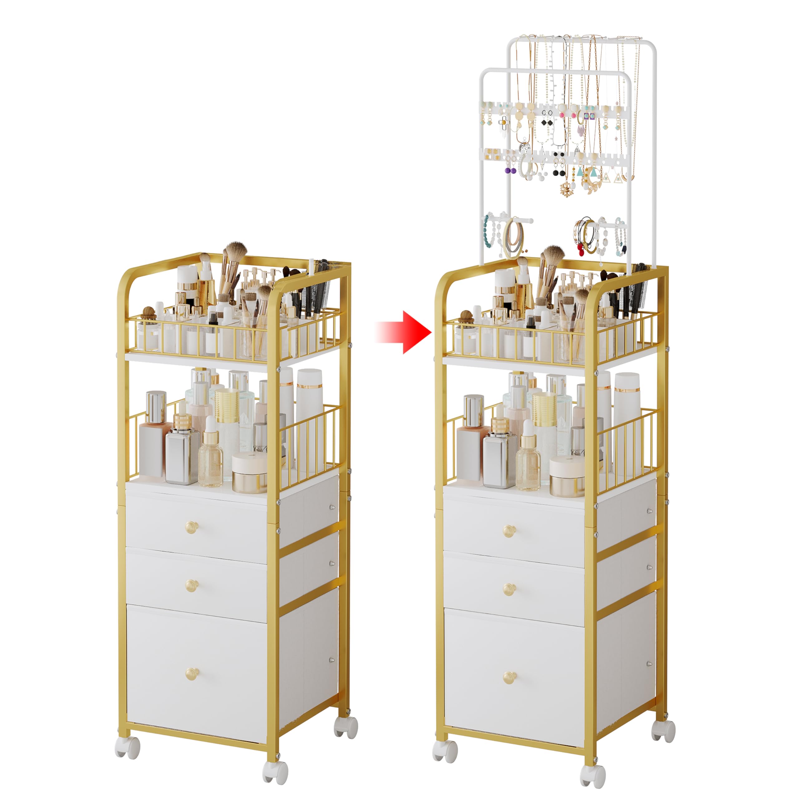 ZQUYAJ Makeup Organizer Cart with 3 Drawers, Jewelry Organizers and Storage for Earring Necklace, Large Vanity Storage Organizer