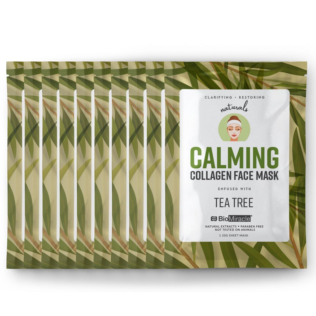 BioMiracle Calming Collagen Face Mask Infused with Tea Tree 10 Pack (10 Sheets)