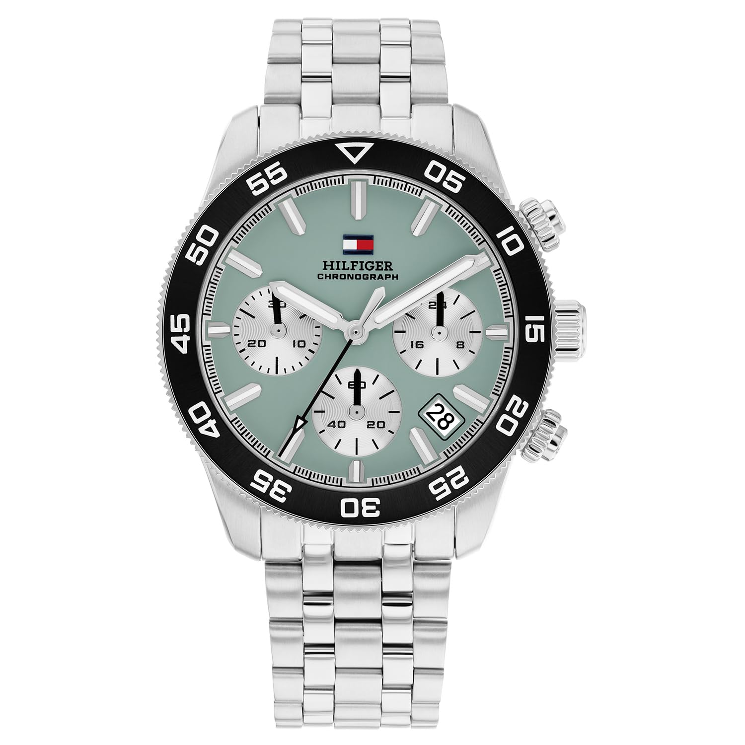 Tommy Hilfiger Th85 With Quartz Fashion Chrono Analog Turquoise Dial Silver Stainless Steel Strap Watch For Men  Th1710745W