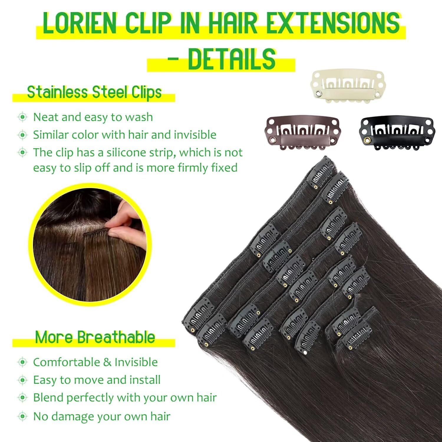 Lorien Clip In Hair Extensions Real Human Hair, 18 Inch 100G/3.5Oz, 1B Natural Black, Clip In 100% Brazilian Remy Human Hair Ext