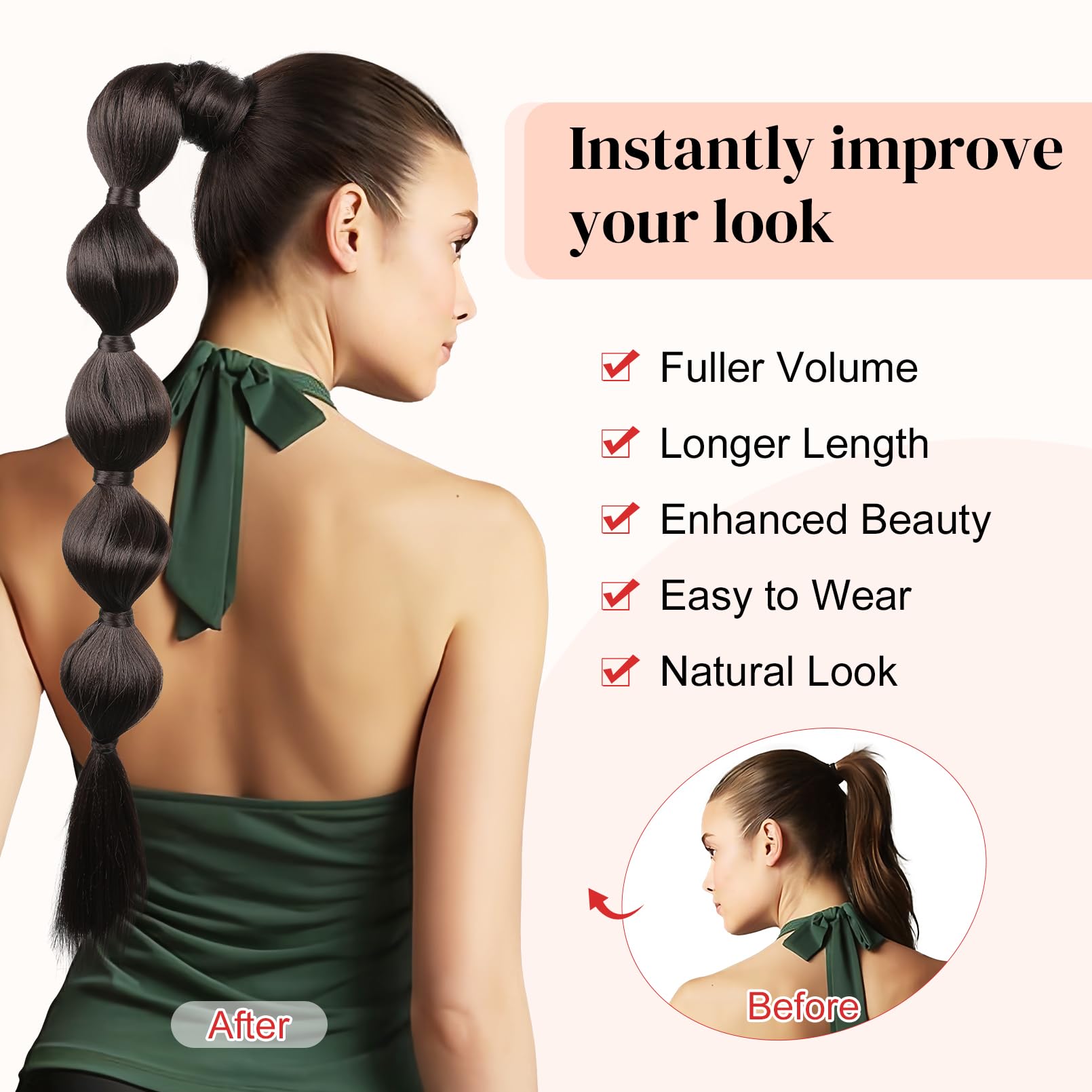 Lonai Bubble Ponytail Extension For Women,28 Inch Long Braided Wrap Around Synthetic Hair With Leather Cord, Straight Afro Puff,
