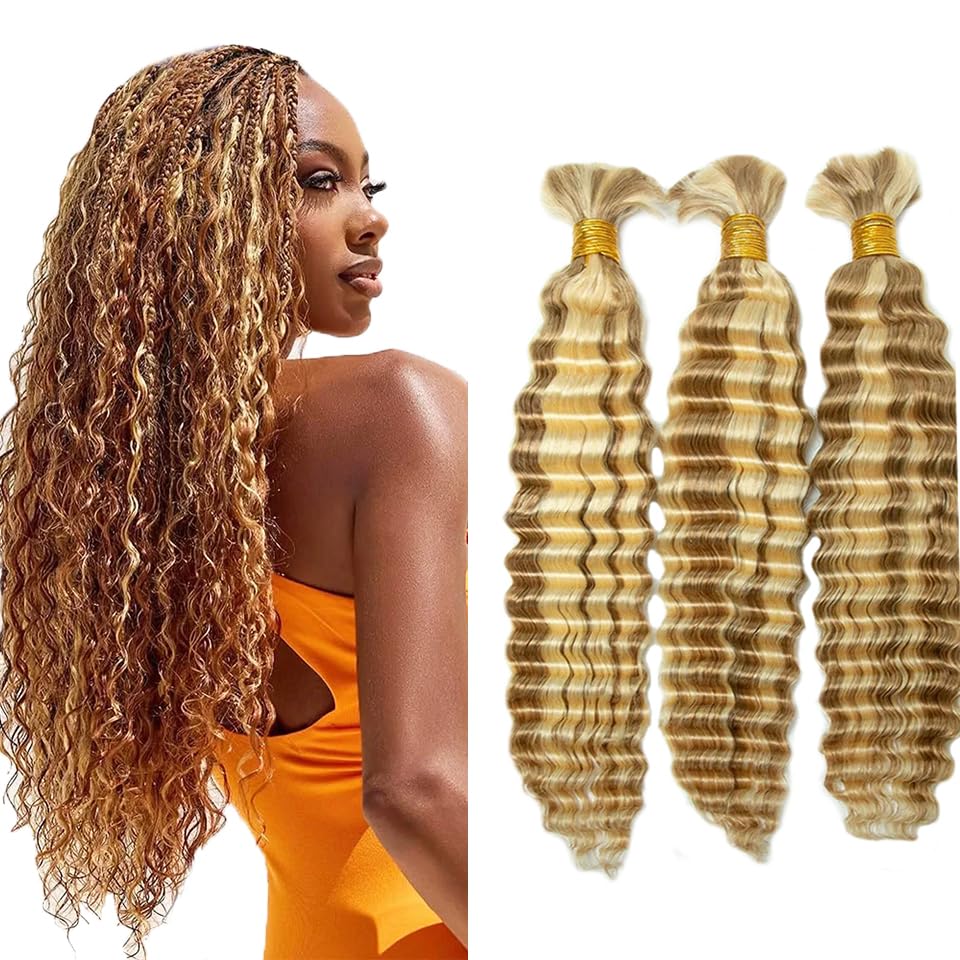 P27/613 Honey Blonde Human Braiding Hair for Boho Braids 12 12 12 Inch Human Hair Weave Deep Wave Bulk 3 Bundle Unprocessed Braz