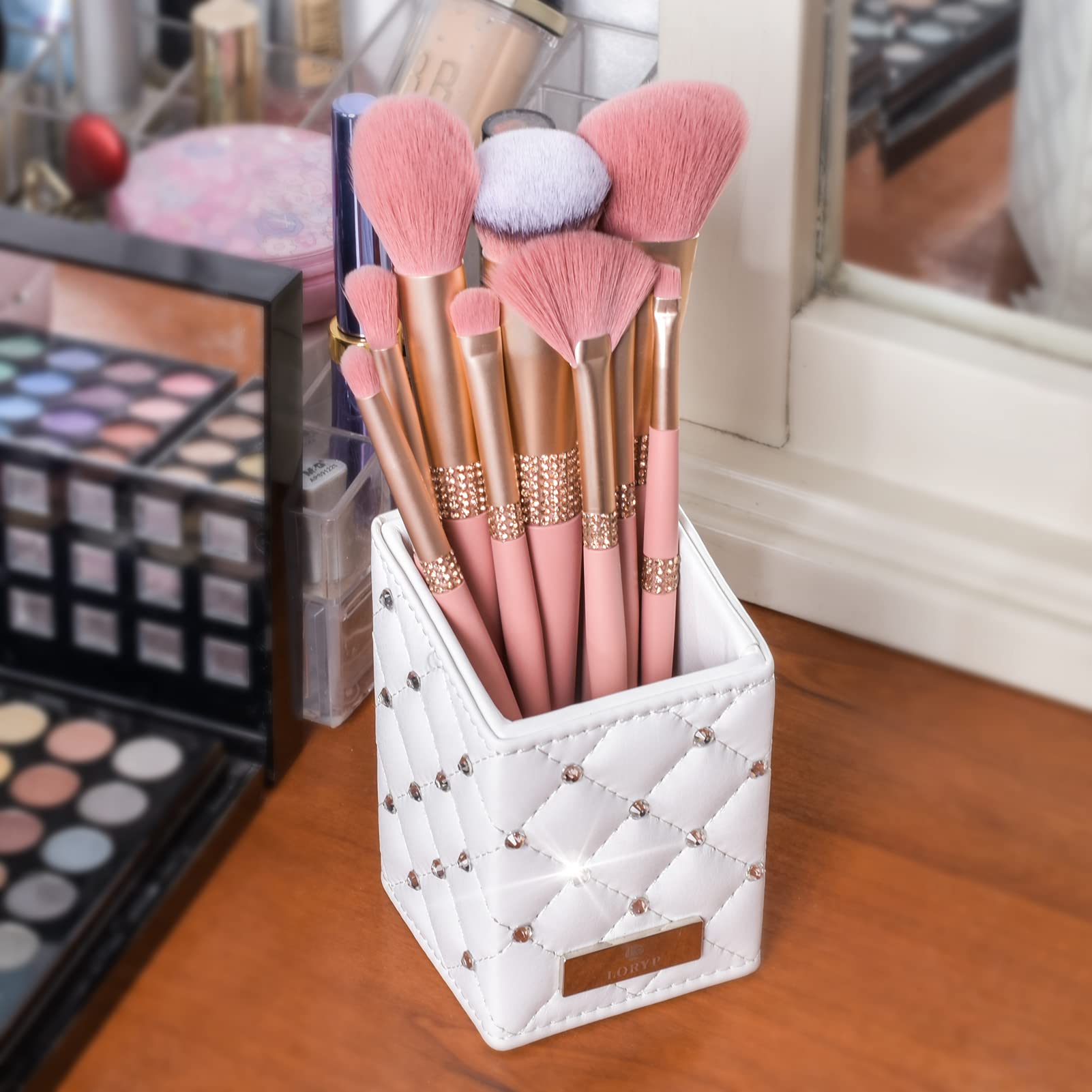 LORYP Makeup Brush Holder Crystal Brushes Cup White PU Make up Brush Case Bag Storage for Women (White)