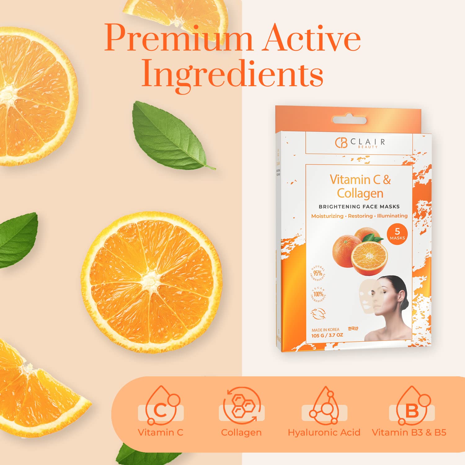 Clear Beauty Vitamin C And Collagen Sheet Face Mask - Diminishes Fine Lines & Wrinkles, Lifts & Hydrates Skin, Brightening Sheet