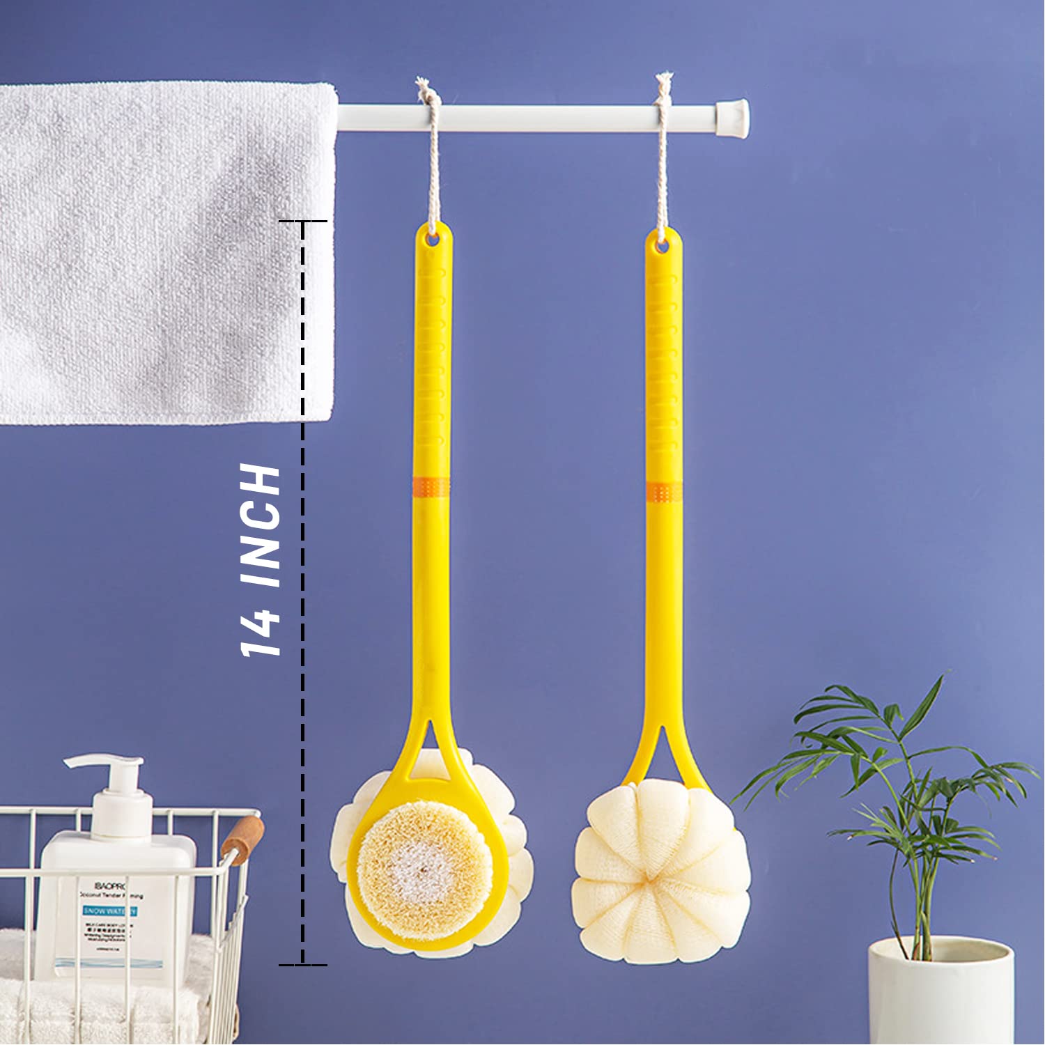 Shower Body Brush,Soft Bristles And Beautiful Pumpkin Loofah 14 Long Handle Back Scrubber Bath Mesh Sponge For Skin Exfoliating
