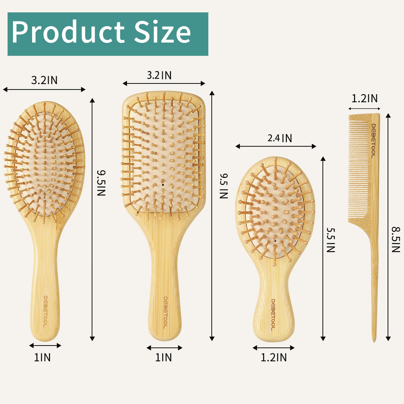 Debetool Bamboo Hair Brush And Comb Set For Women Men And Kids,Natural Bamboo Wood Wide-Tooth Brush And Tail Comb - Paddle Detan