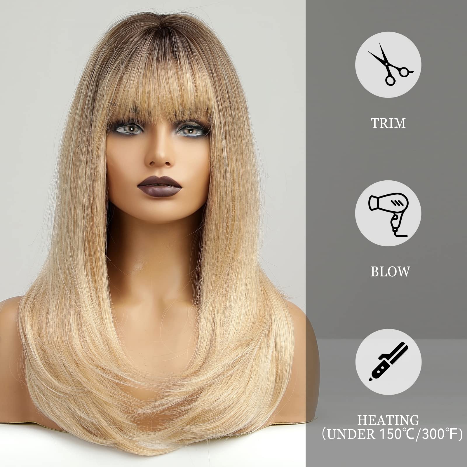 Haircube Ombre Blonde Long Straight Wig With Bangs Dark Root Long Hair With Bangs Natural Appearance Heat-Resistant Synthetic Wi