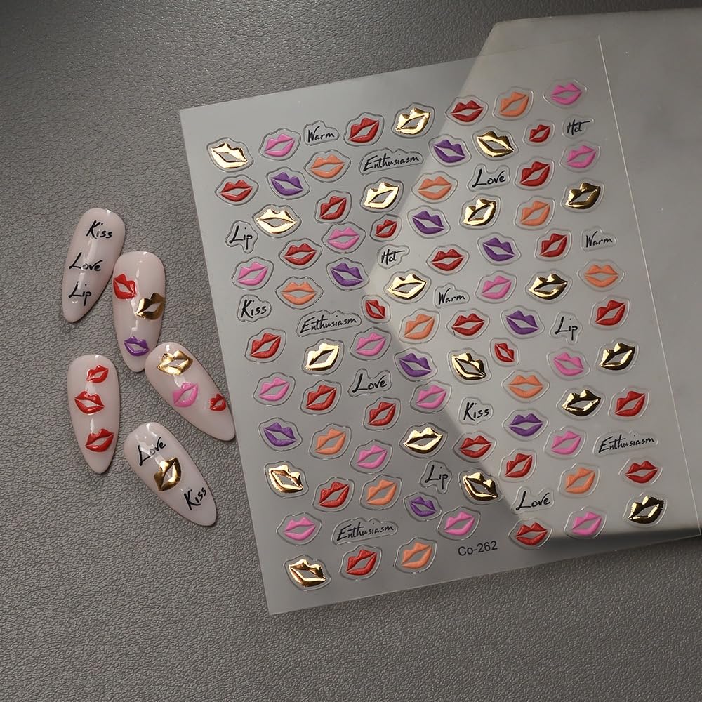 Lips Nail Art Stickers 5D Embossed Kiss Nail Stickers Self-Adhesive With Colorful Love Design Shiny Valentines Nail Decals Sprin