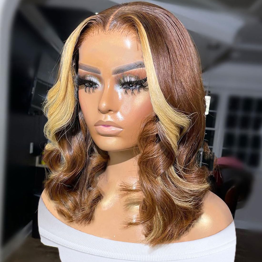 Brown With Blonde Highlight Bob Lace Front Wigs Human Hair 13x4 HD 180% Density Glueless Body Wave Bob Wig Human Hair Pre Plucke