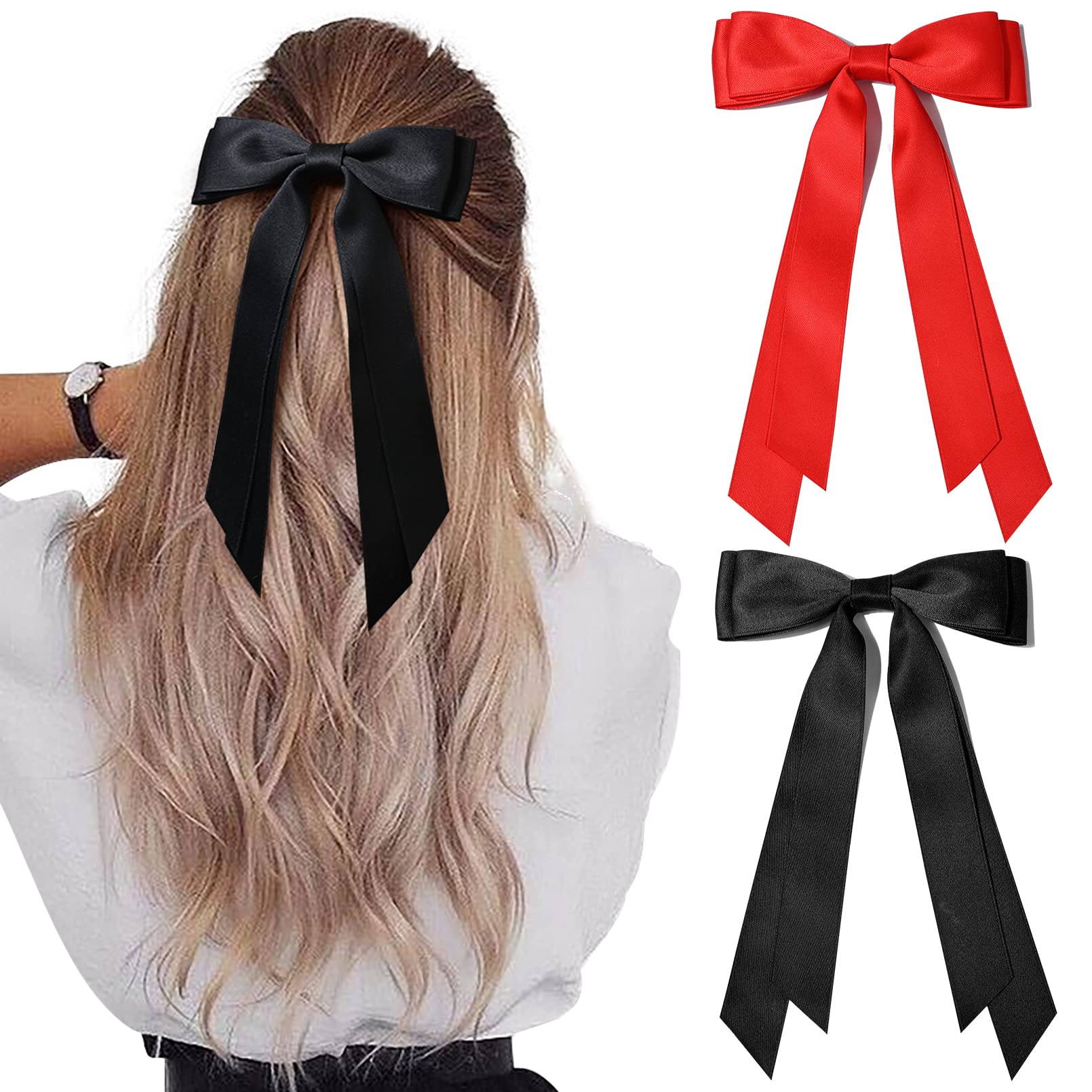 2PCS Silky Satin Hair Bows Hair Clip Black Red Hair Ribbon Ponytail Holder Accessories Slides Metal Clips Hair Bow for Women Gir