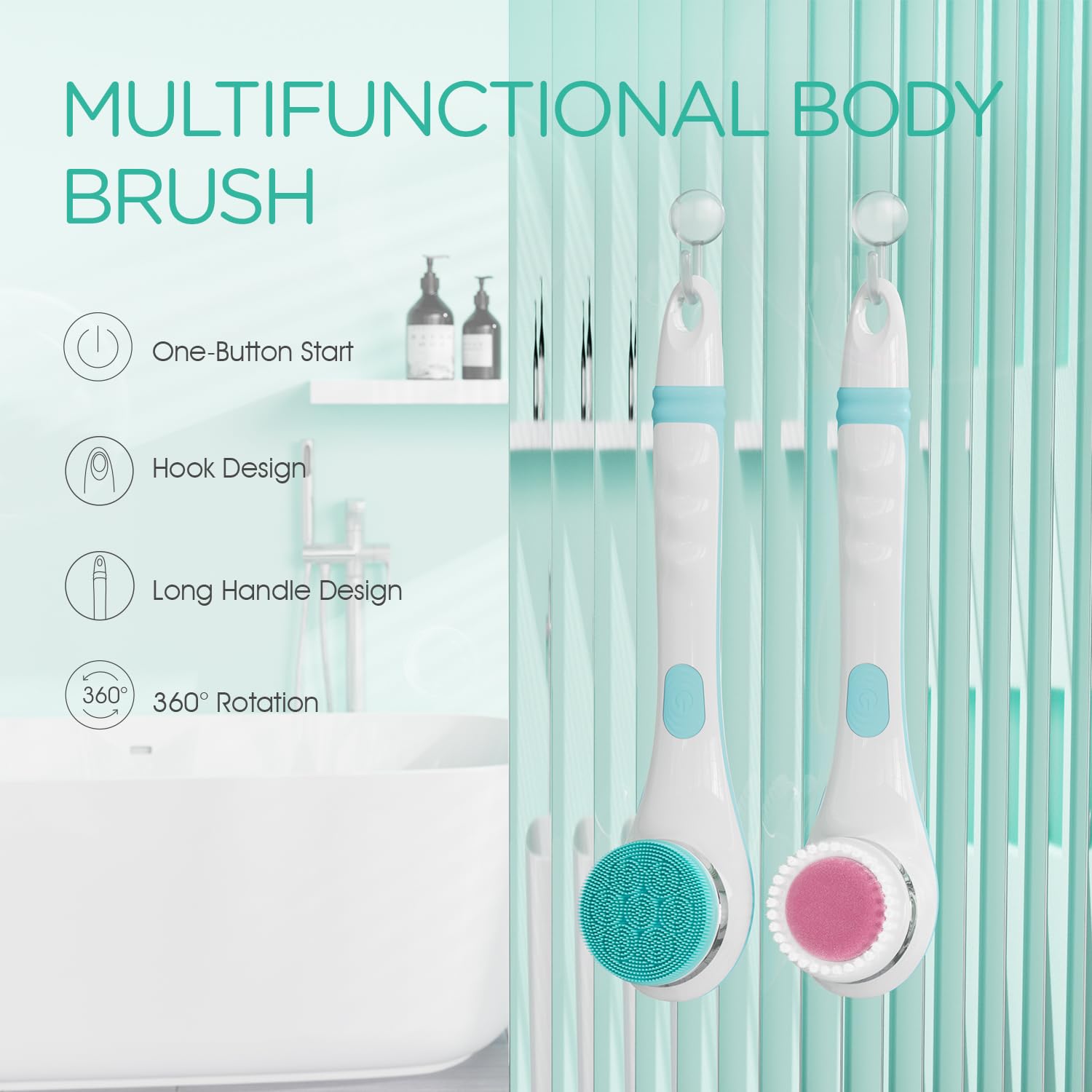 Voyor Electric Body Brush Back Scrubber For Shower Rechargeable Exfoliating Bath Brush Powered Shower Brush With Non-Slip Long H