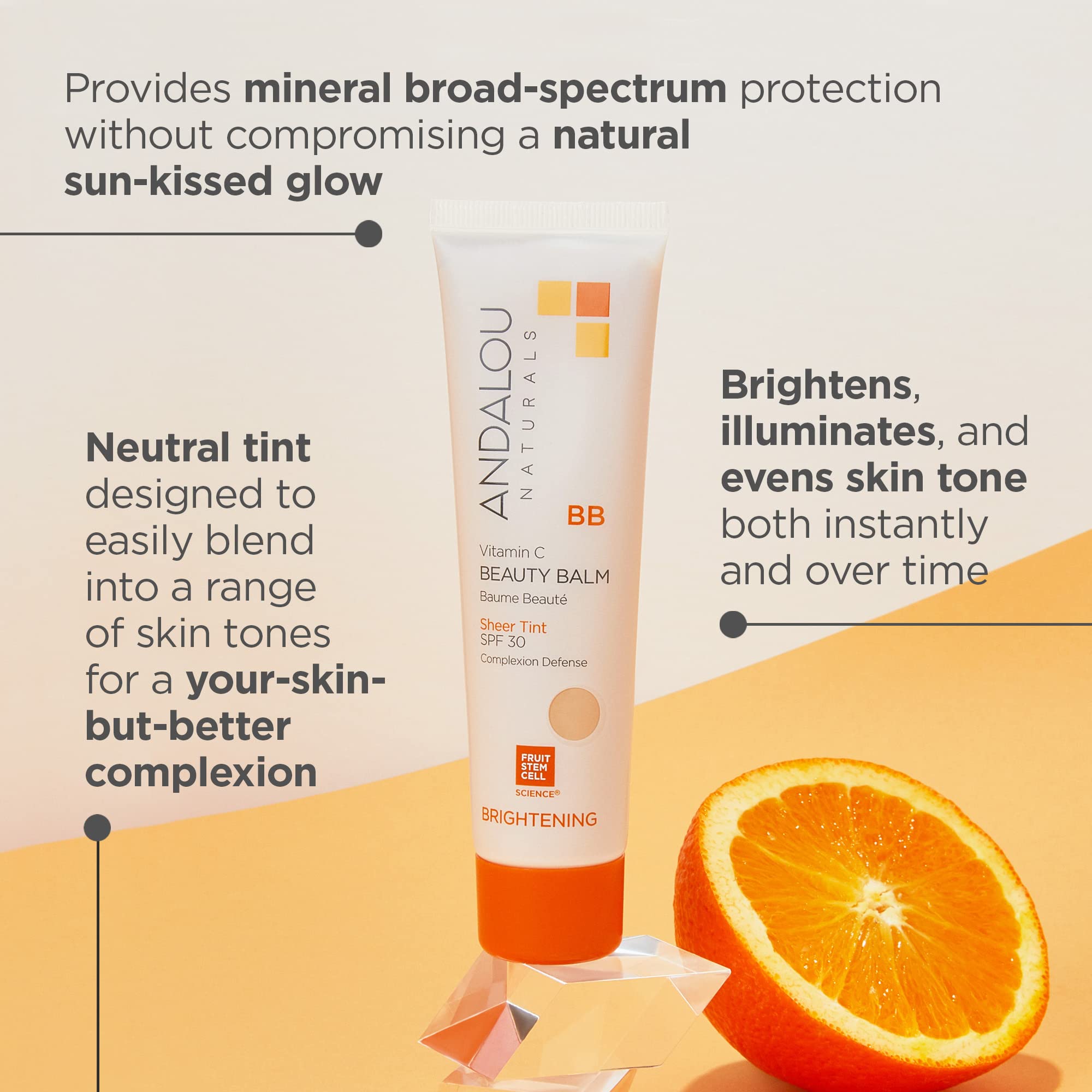 Andalou Naturals Vitamin C Bb Beauty Balm Sheer Tint Spf 30, 2-In-1 Bb Cream & Face Sunscreen With Broad Spectrum Protection, Mi