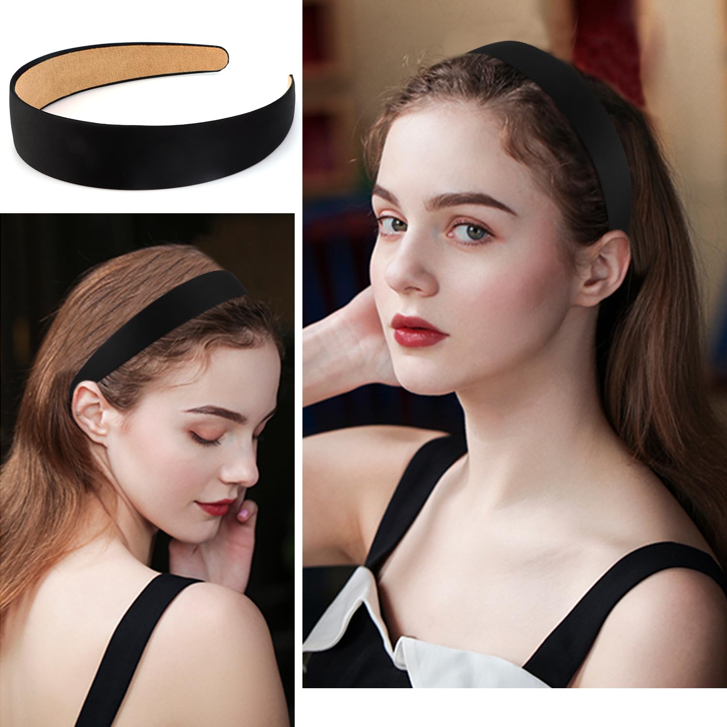 Atoden Satin Headbands For Women Girls Black Headband 1.18 Inch Wide Thin Hard Headbands Non Slip Ribbon Hair Bands Plain Headba