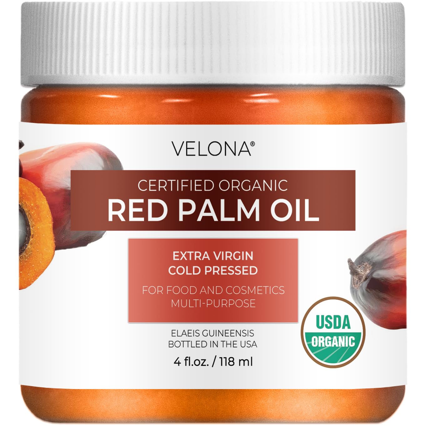 velona USDA Certified Organic Red Palm Oil 4 Fl Oz | Food and Cosmetic Grade | in jar | Extra Virgin, Cold Pressed | Skin, Face,