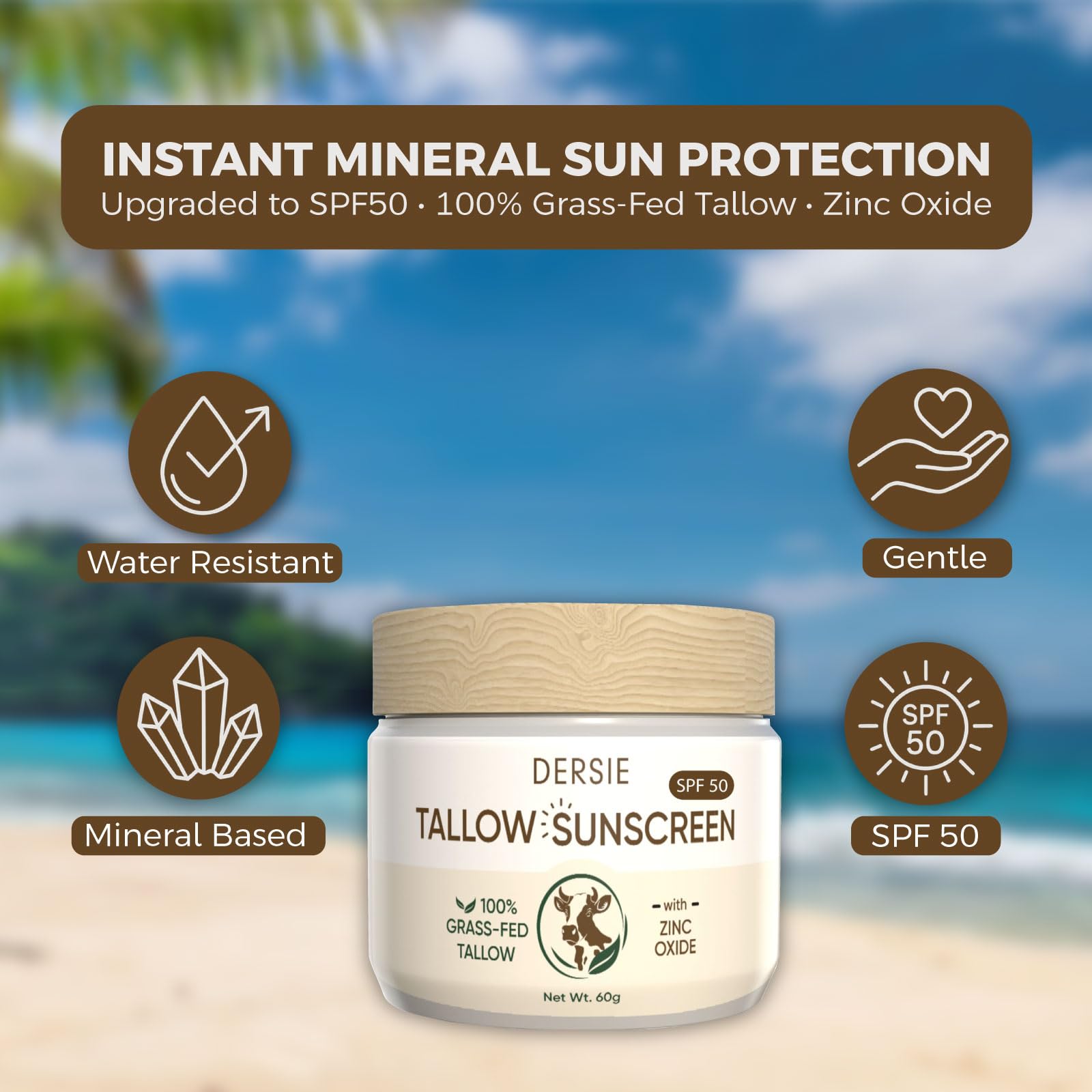 Tallow Sunscreen with Zinc Oxide for Face & Body: SPF 50 Mineral Sunblock with Grass-Fed Tallow - Water-Resistant Non-Toxic Non-