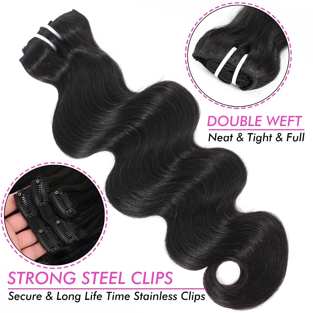 Human Hair Clip In Hair Extensions Body Wave for Black Women 18 Inch 10A Grade Unprocessed Soft Silky Human Hair Natural Black 1