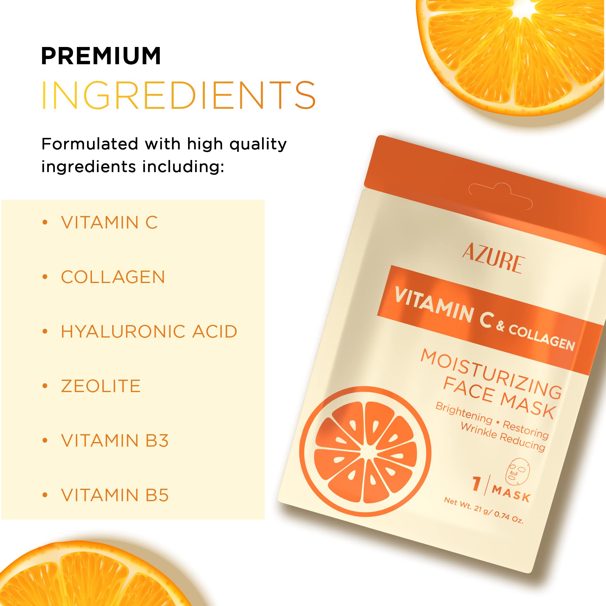 Azure Vitamin C & Collagen Moisturizing Facial Sheet Mask- Anti Aging, Deeply Moisturizing & Firming - Brightening Mask, Improve