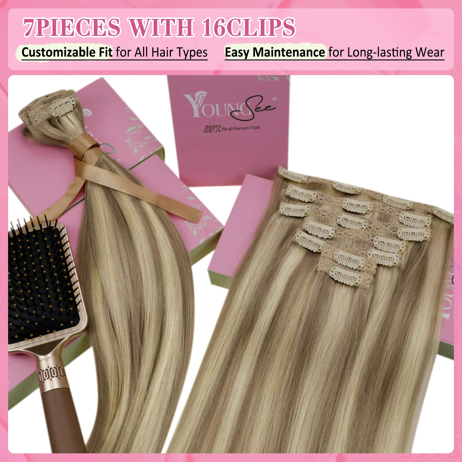 Youngsee Clip In Extension Highlight Lace Clip In Hair Extensions Human Hair Light Brown With Blonde Real Hair Extensions Clip I