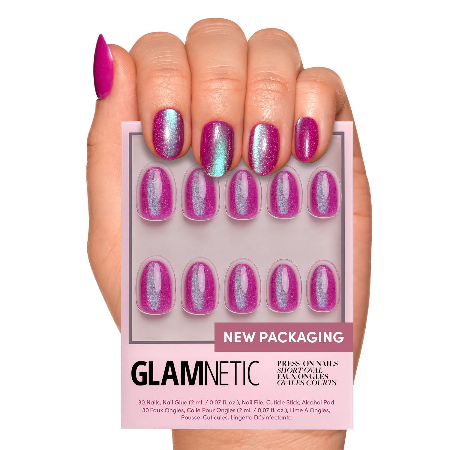 Glamnetic Press On Nails - Berry Fizz | Short Oval, Magenta Nails with a Mesmerizing Metallic Finish | 15 Sizes - 30 Nail Kit wi