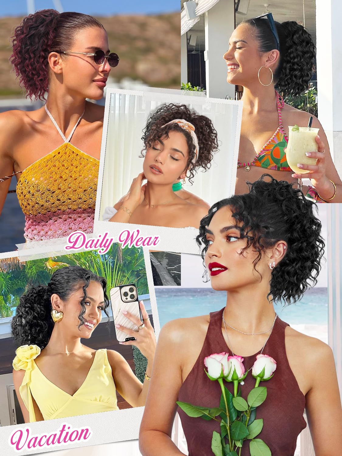 Alxnan Wavy Curly Ponytail Extension, 8'' Ombre Burgundy Drawstring Ponytail For Black Women Short Soft Natural Synthetic Hairpi
