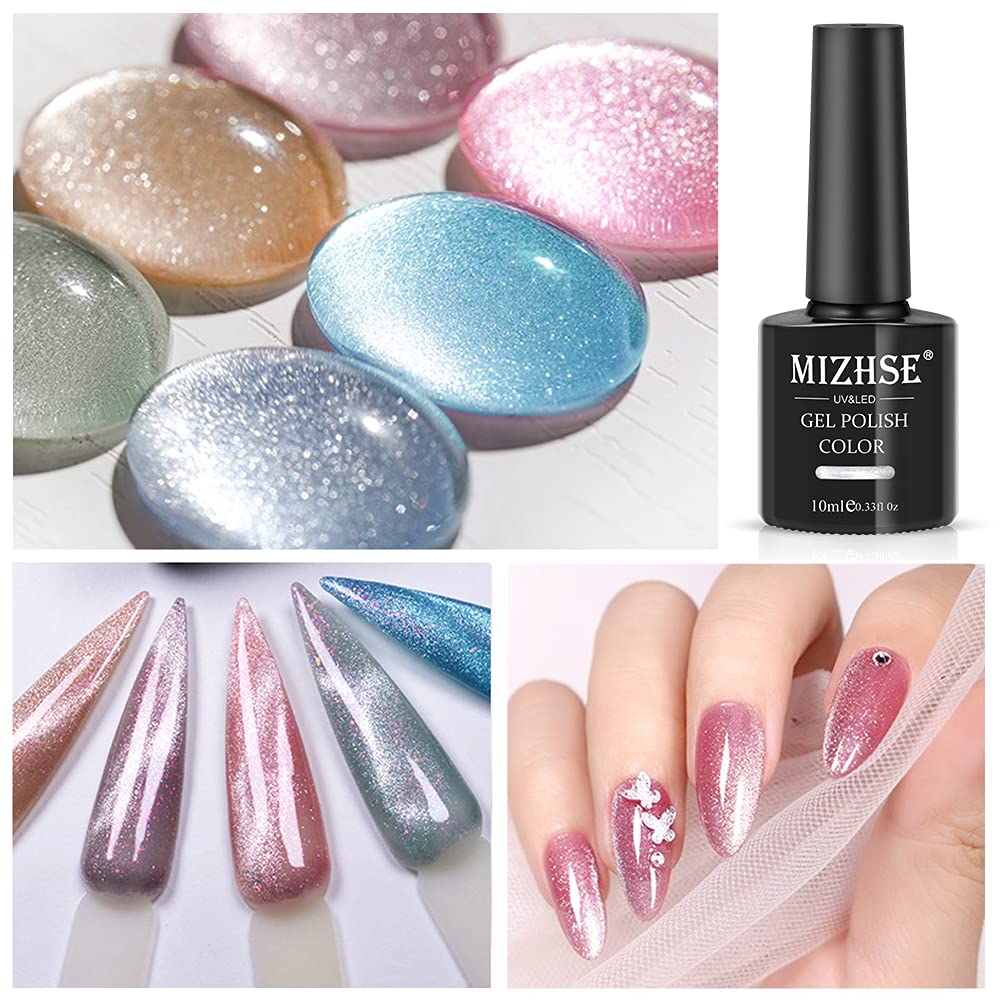 Mizhse 10Ml*6 Colors Cat Eye Gel Nail Polish, Crystal Magnetic Gel Polish Glitter Pink Gold Sparkle Gel Polish Set With Universa