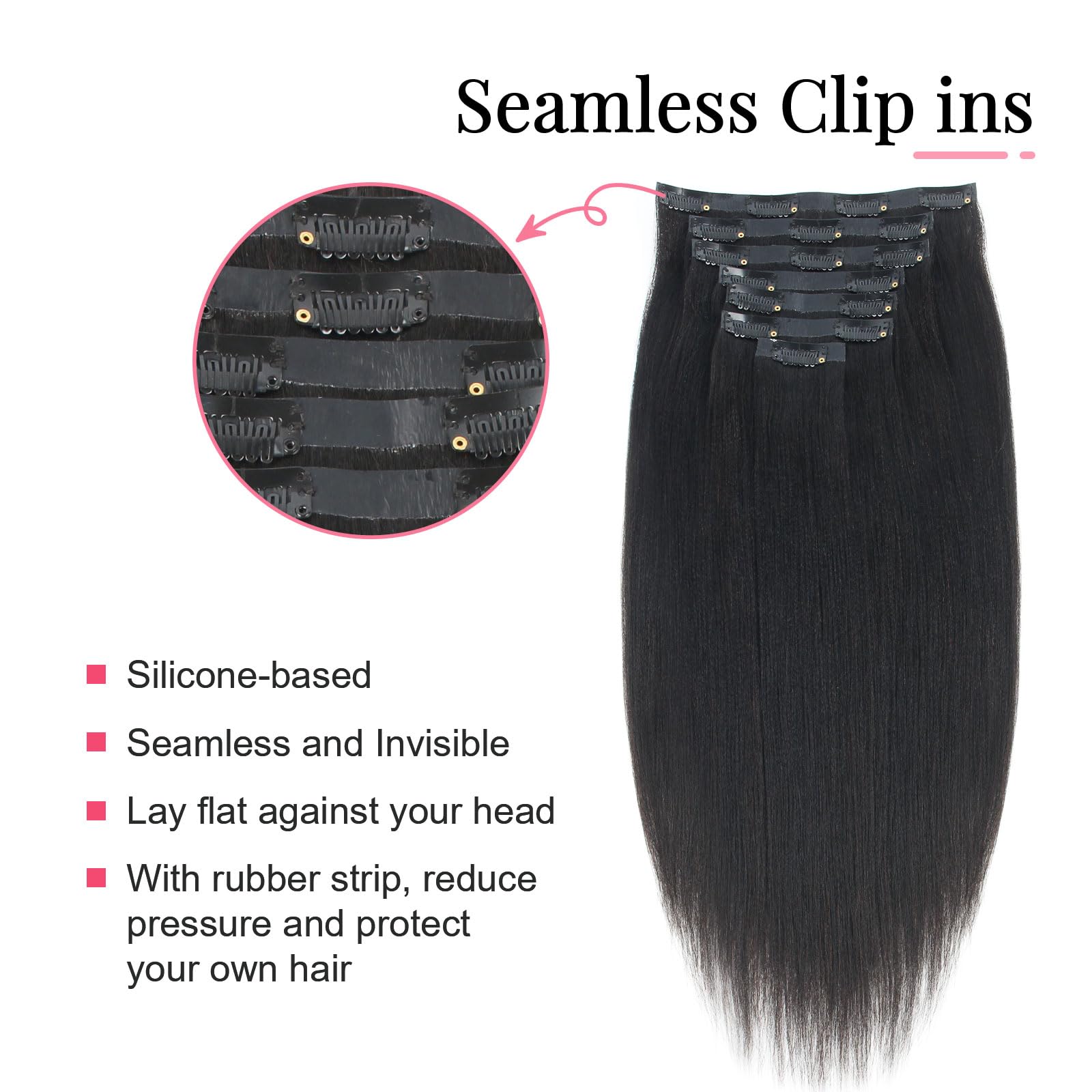 Sasisna Real Human Hair Extensions Clip Ins Yaki Straight 22 Inch Nature Black Seamless Pu Clip In Hair Extensions Double Wefted