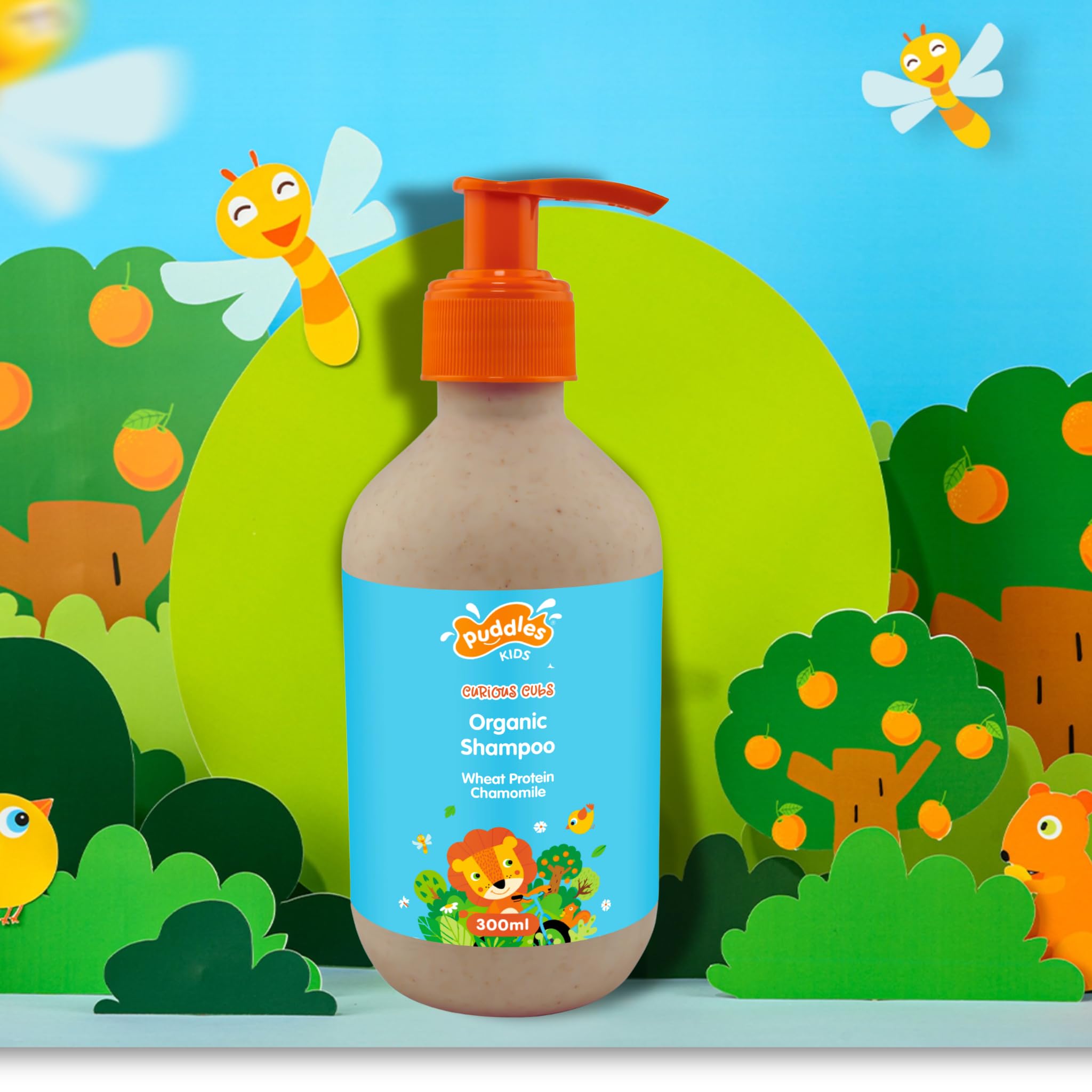 Puddles Organic Playful Shampoo For Kids (300Ml) | Curious Cubs - Age 2-10 Years | Wheat Protein, Chamomile, Orange Essential Oi