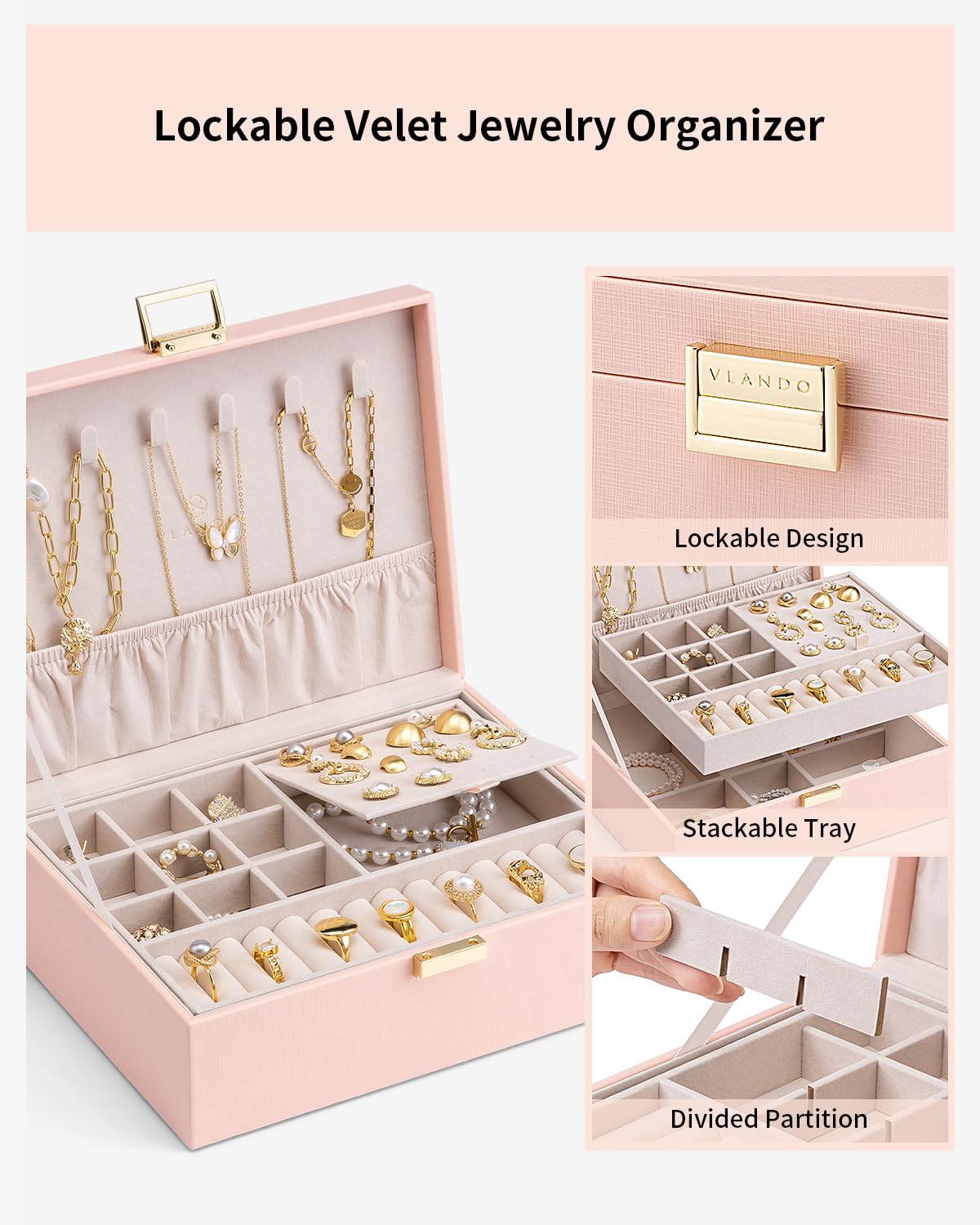 Vlando 2 Layer Jewelry Box Large Jewelry Organizer for Women Removable Jewelery Tray for Necklace Earrings Rings Bracelets Jewel