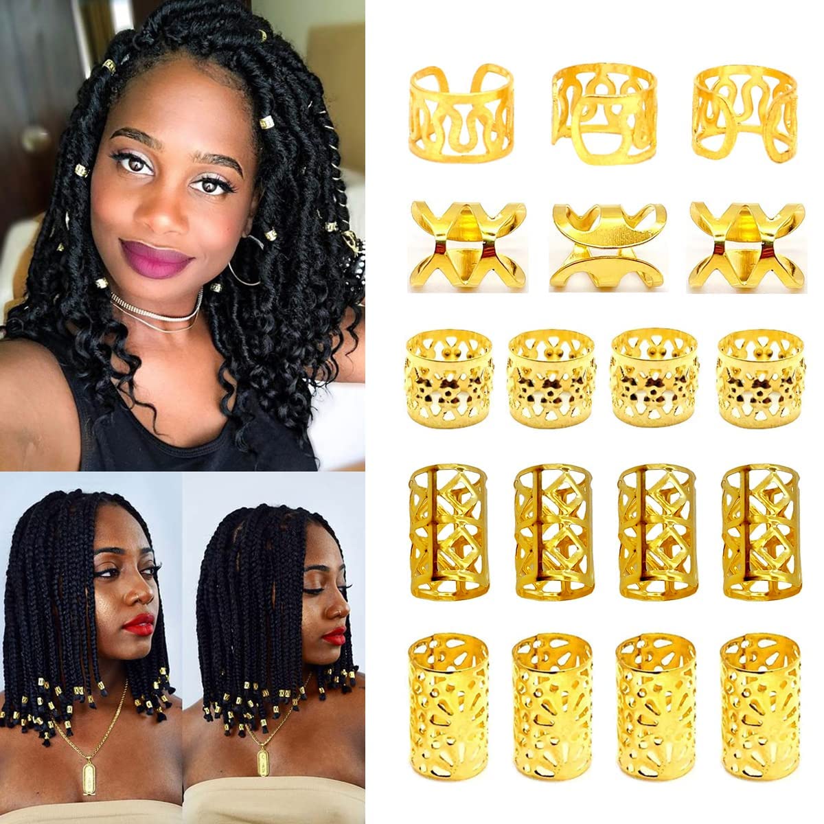 100 Pcs Gold Dreadlock Beads Locs Accessories , Jewelry For Braids, Women And Girls, Adjustable Cuffs Braiding Hair Rings Decora