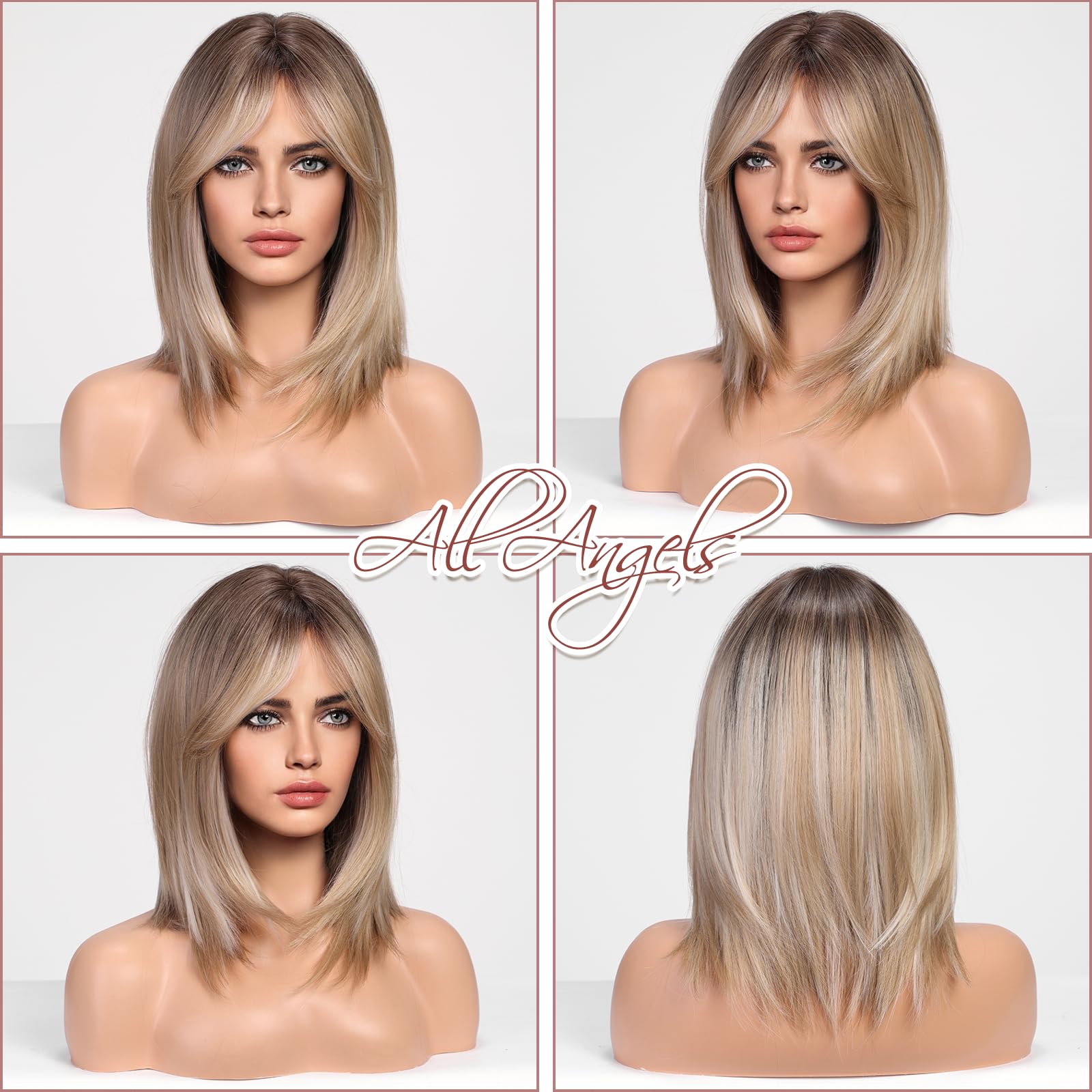 Haircube Ombre Ash Blonde Wigs For Woemn Light Blonde Straight Wig With Curtain Bangs Shoulder Length Natural Synthetic Wig For